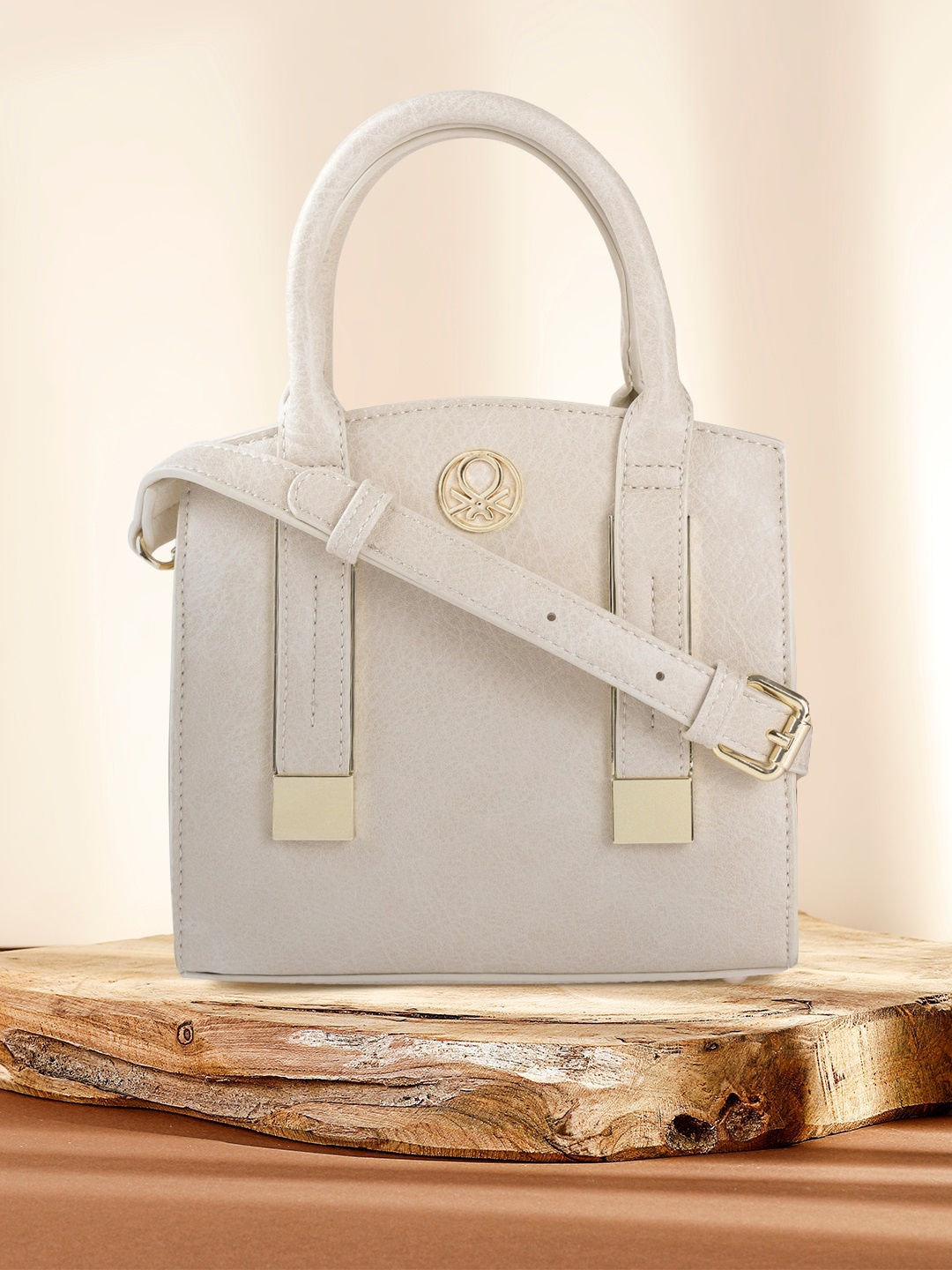 

United Colors of Benetton Cream-Coloured Textured Structured Handheld Bag