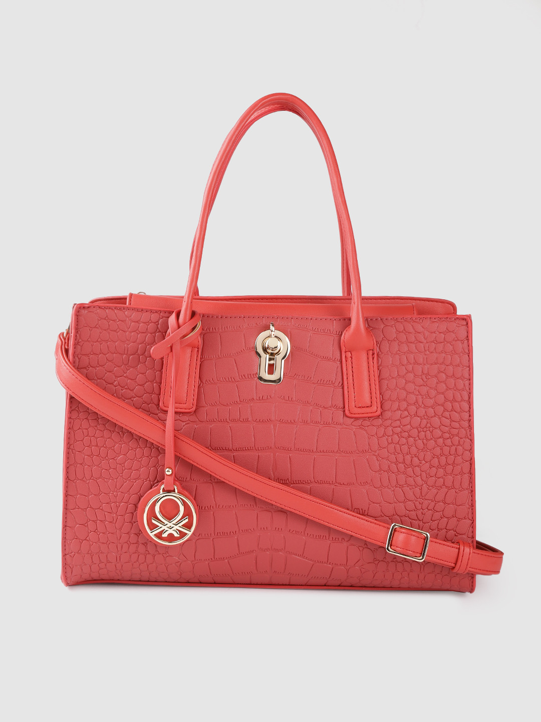 

United Colors of Benetton Red Croc-Textured Structured Handheld Bag