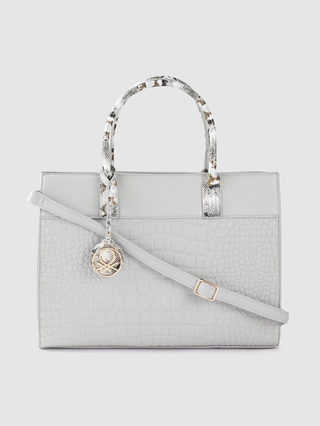 

United Colors of Benetton Grey Croc-Textured Structured Handheld Bag
