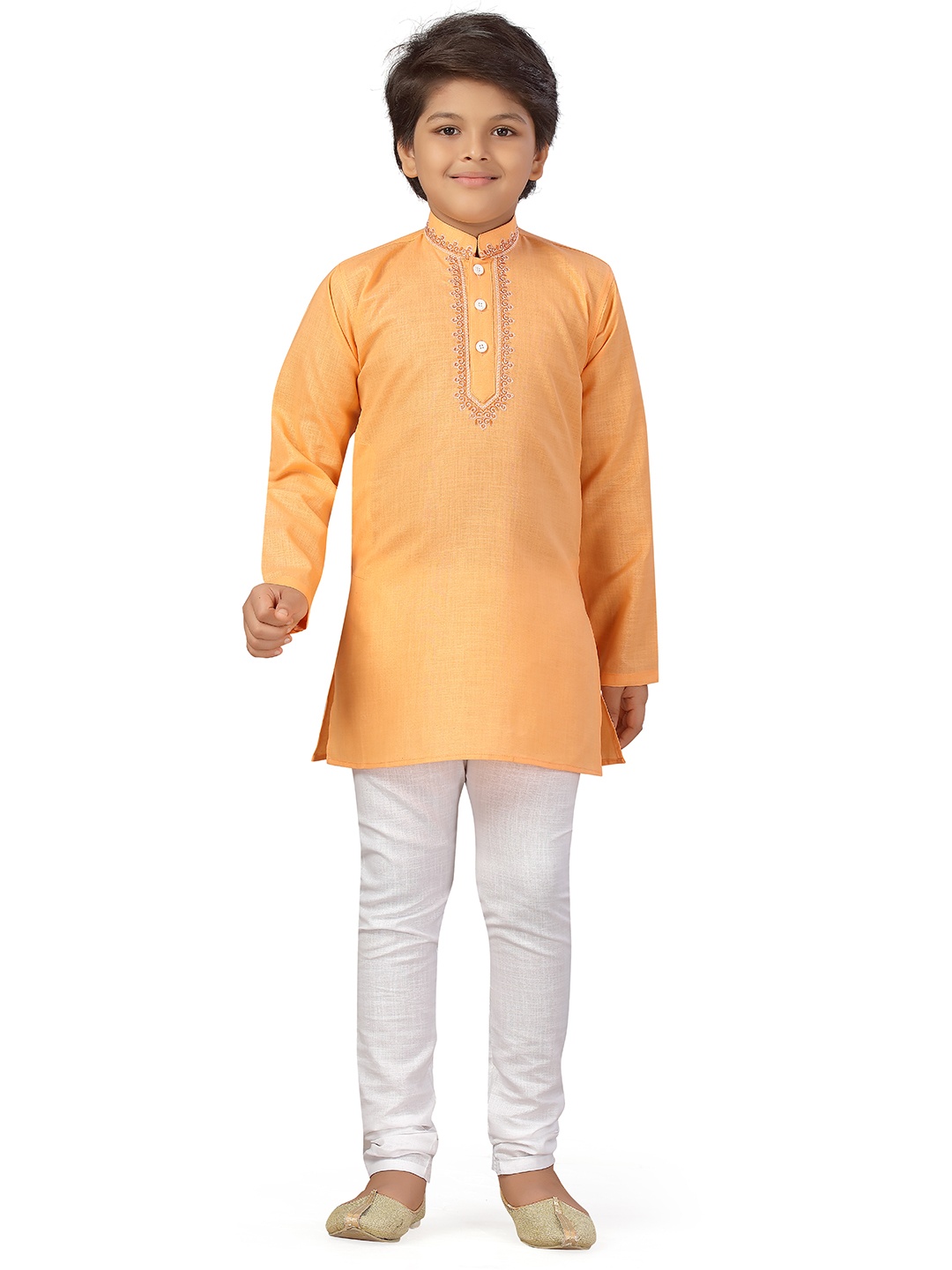 

Aj DEZInES Boys Mustard Yellow Embroidered Pure Cotton Kurta with Pyjamas
