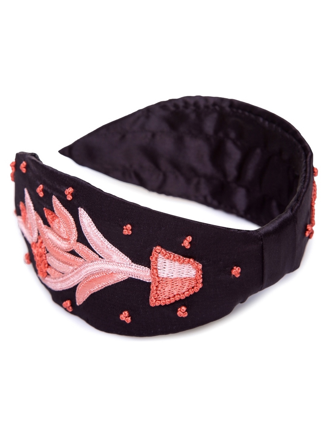 

Knotty Tail Pink & Black Floral & Leaf Embroidered Headband