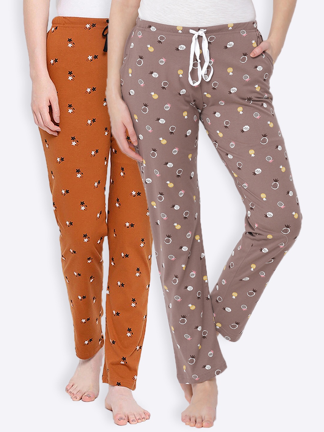 

Kanvin Women Pack Of 2 Printed Pure Cotton Lounge Pants, Brown
