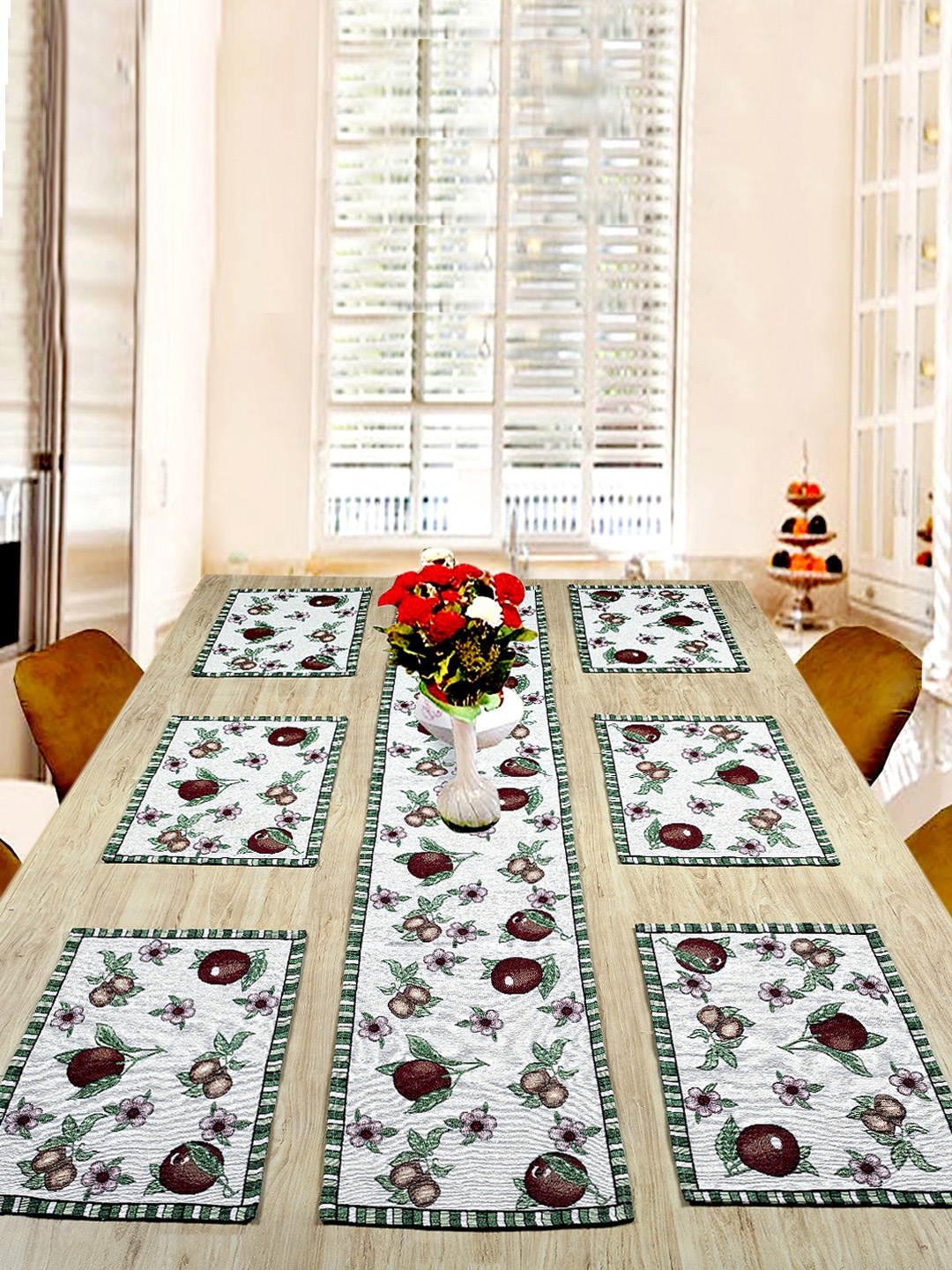 

BELLA TRUE Set of 7 White & Brown Floral Printed Jacquard Table Placemats & Runner