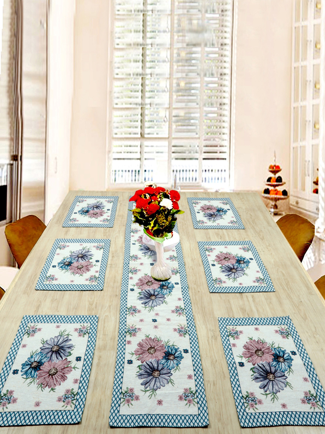 

BELLA TRUE Set of 7 White & Blue Floral Printed Table Placements & Runner