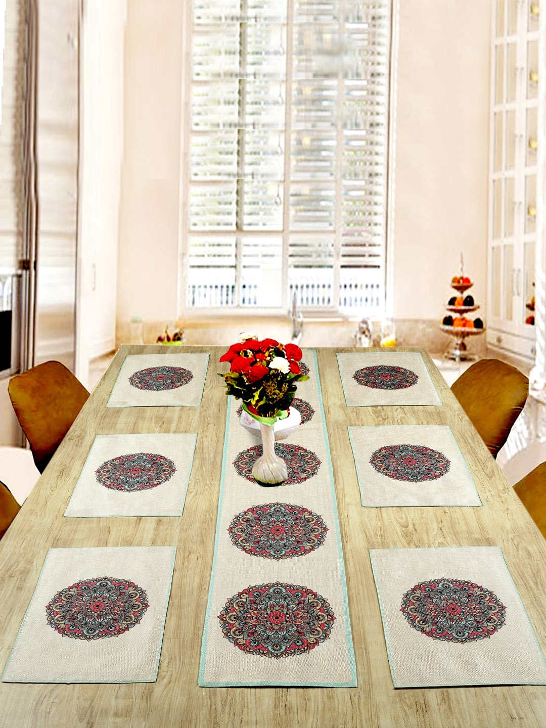 

BELLA TRUE Set of 7 Beige & Red Digital Printed Rectangular Table Placemats & Runner