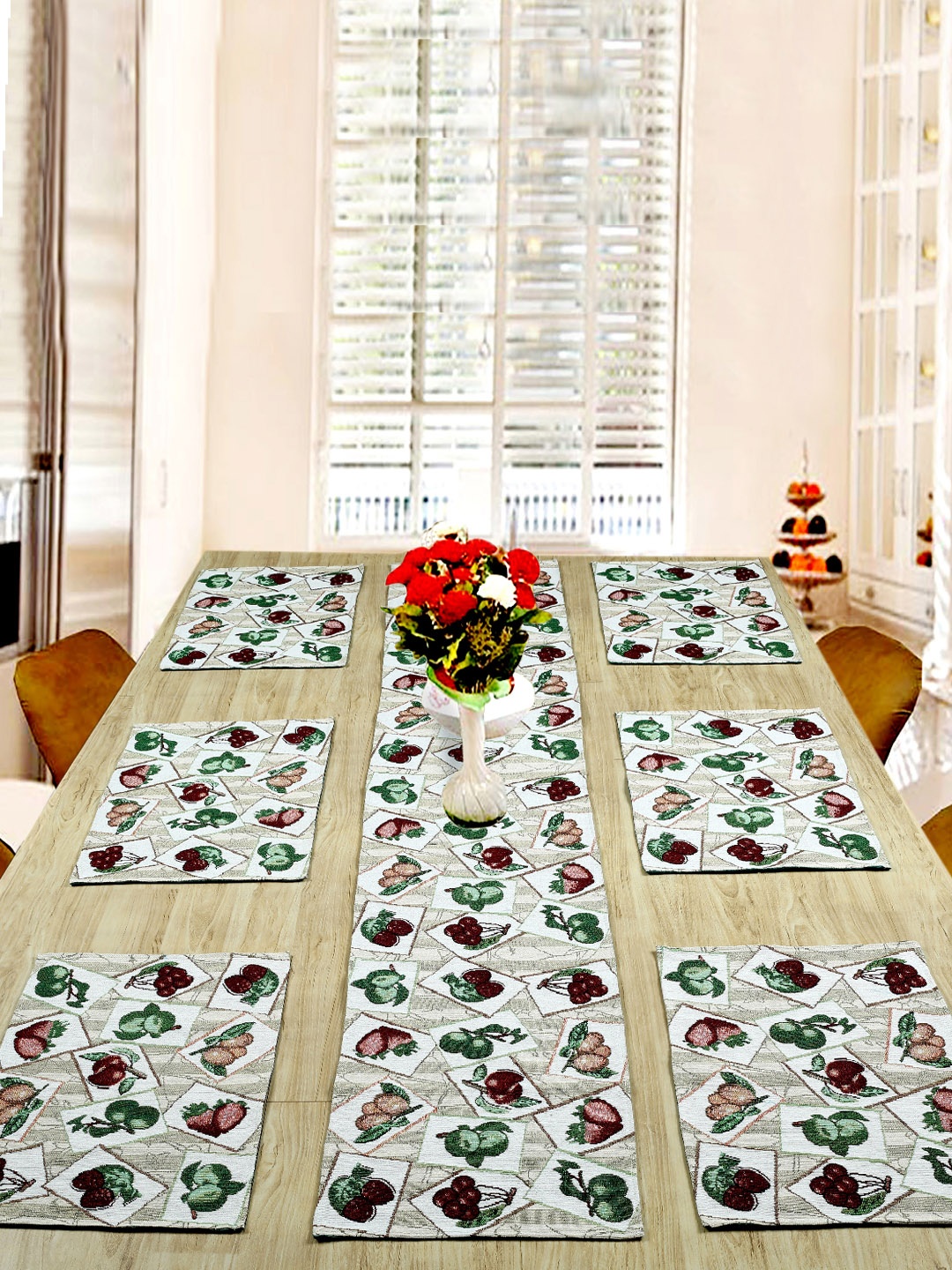 

BELLA TRUE Set of 7 Grey & Green Mix fruit Printed Table Placement and Runner set