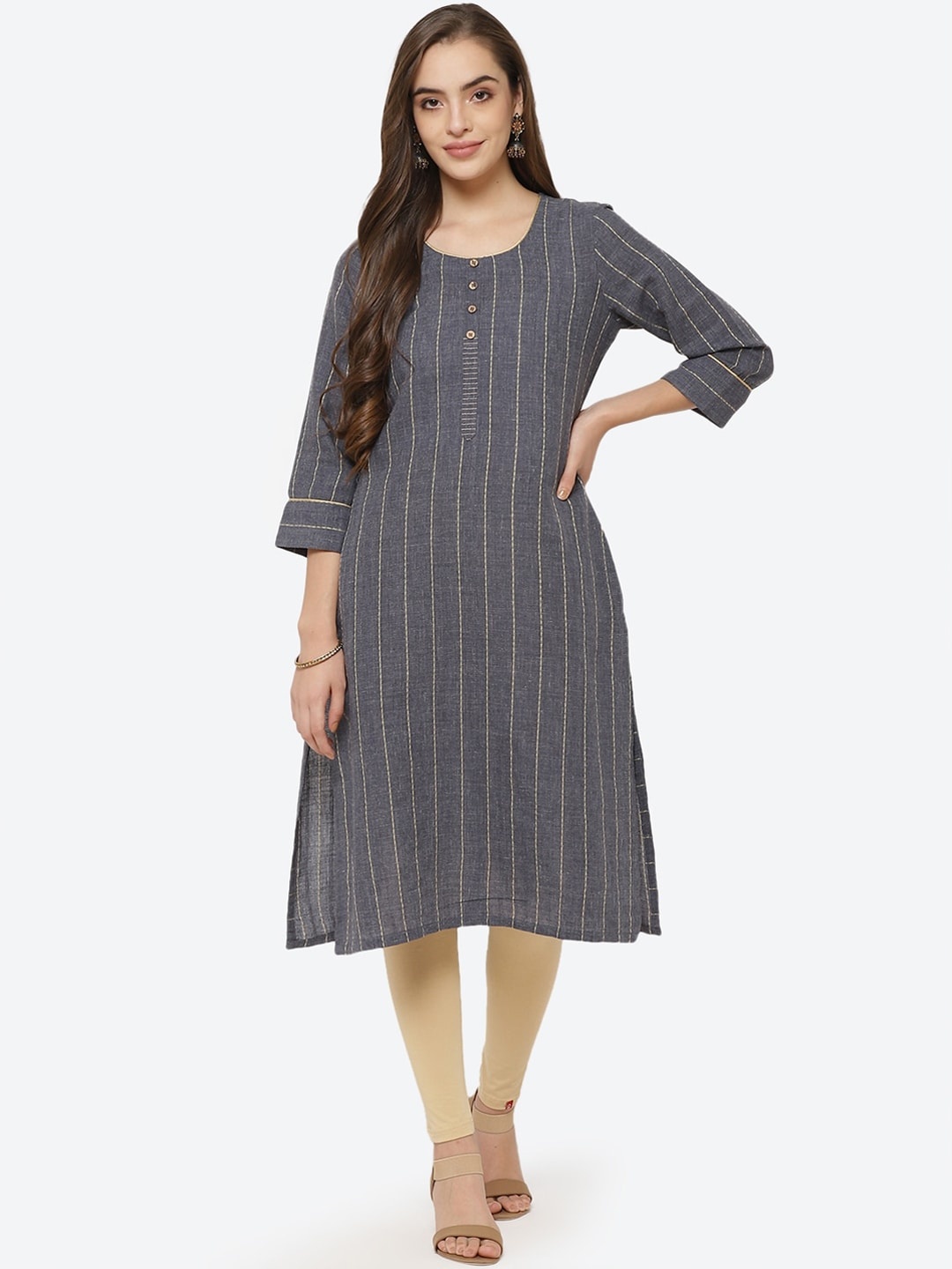 

Rangriti Women Blue & Yellow Striped A-Line Kurta