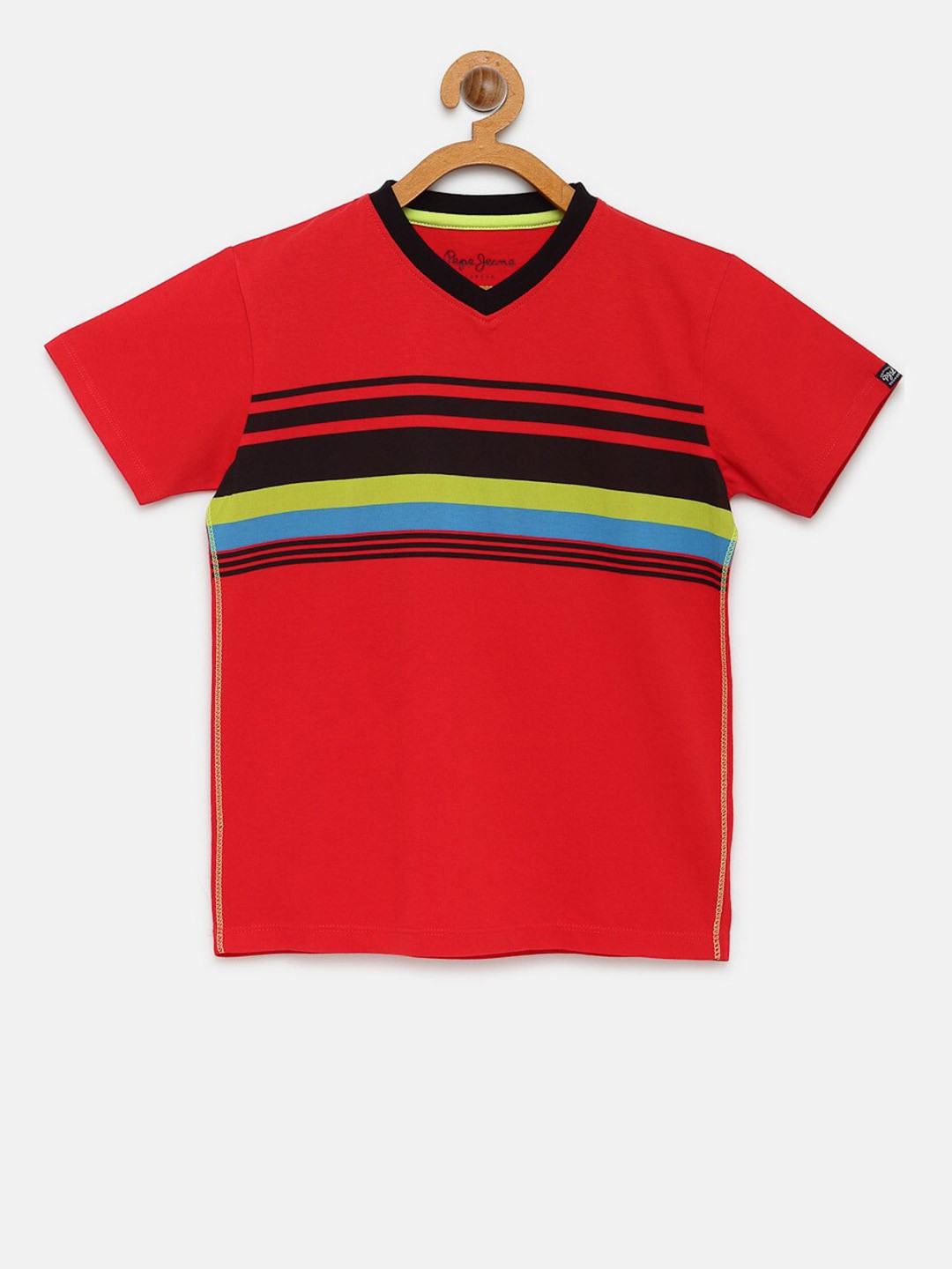 

Pepe Jeans Boys Red Striped V-Neck Pure Cotton T-shirt