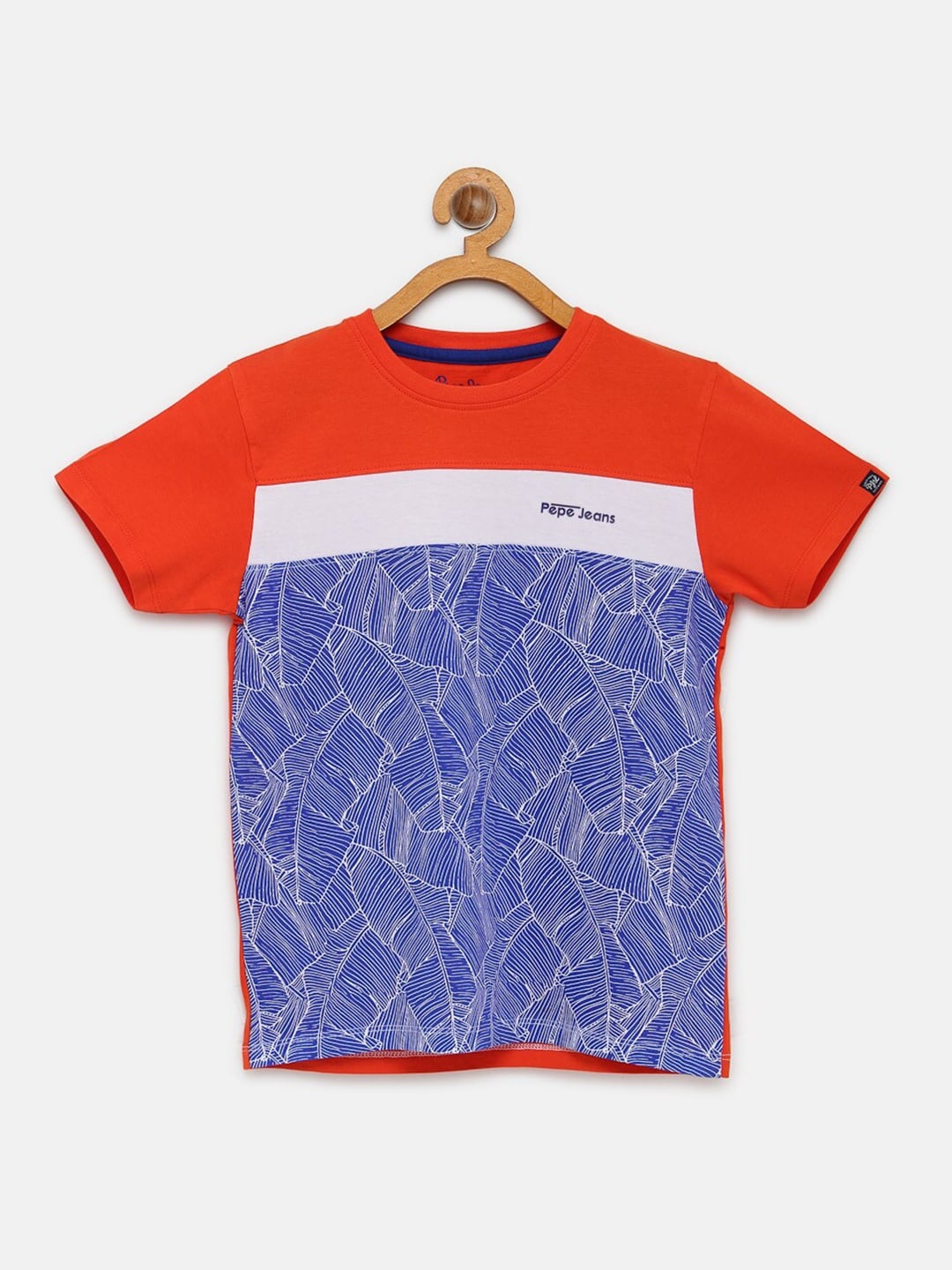 

Pepe Jeans Boys Blue Orange Printed Round Neck Pure Cotton T-shirt