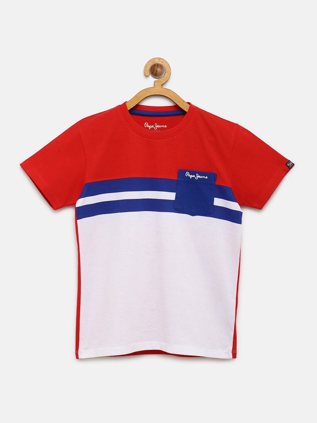 

Pepe Jeans Boys Red White Colourblocked Round Neck Pure Cotton T-shirt