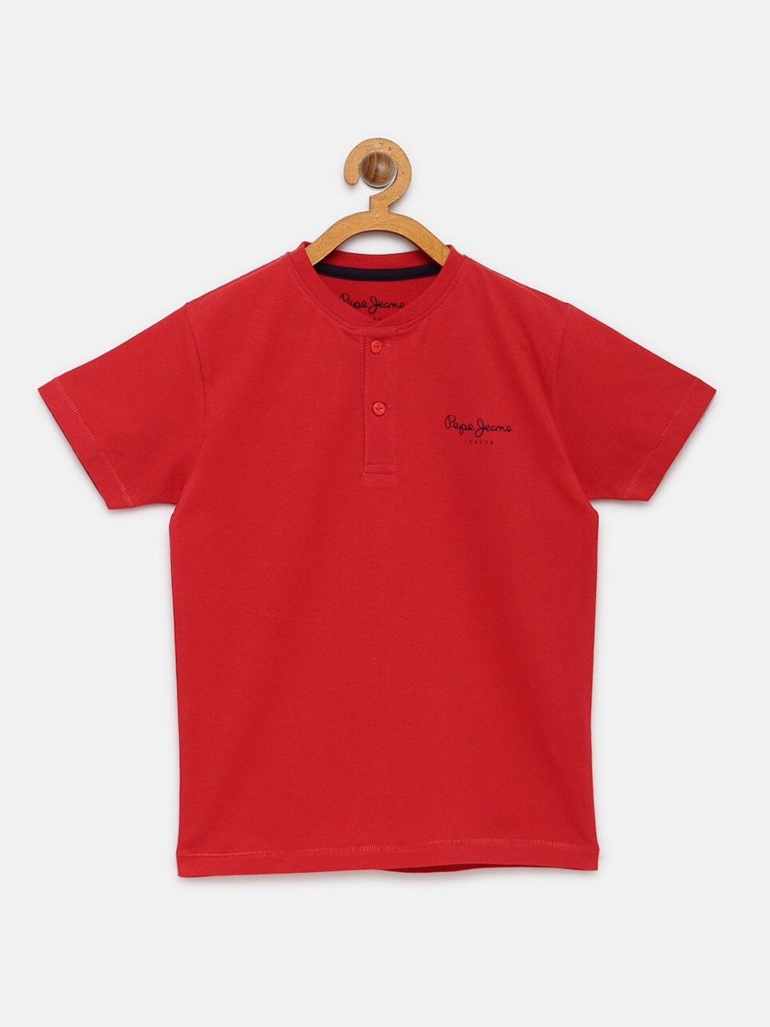 

Pepe Jeans Boys Red Solid Henley Neck Pure Cotton T-shirt