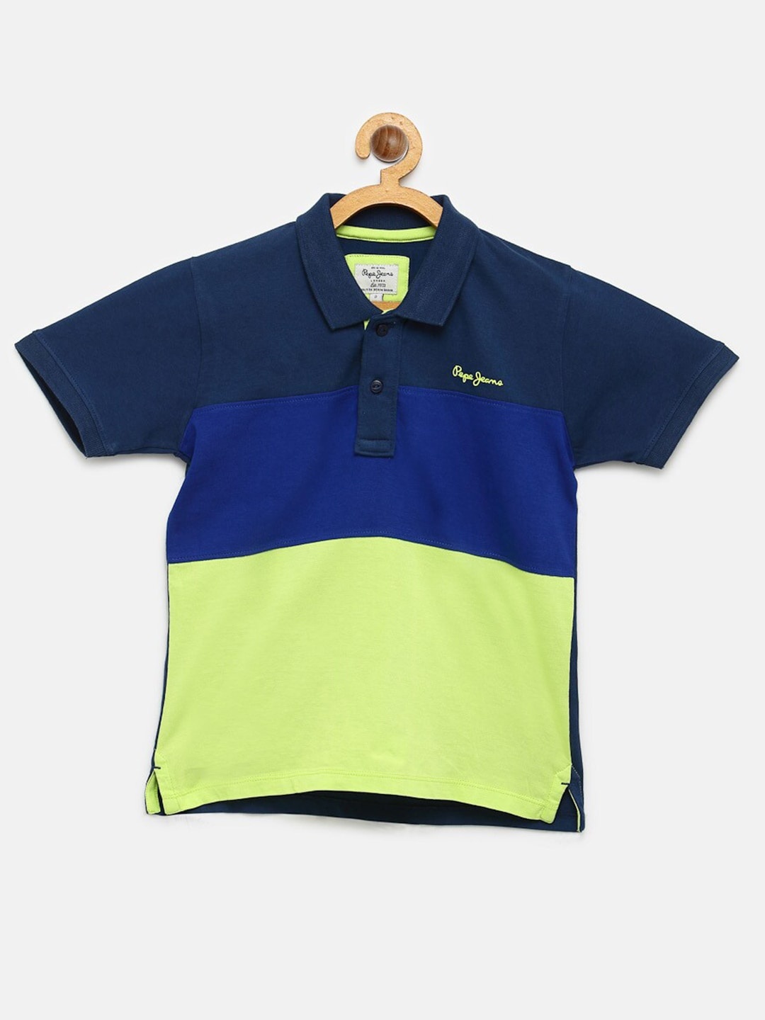 

Pepe Jeans Boys Navy Blue Lime Green Colourblocked Polo Collar Pure Cotton T-shirt