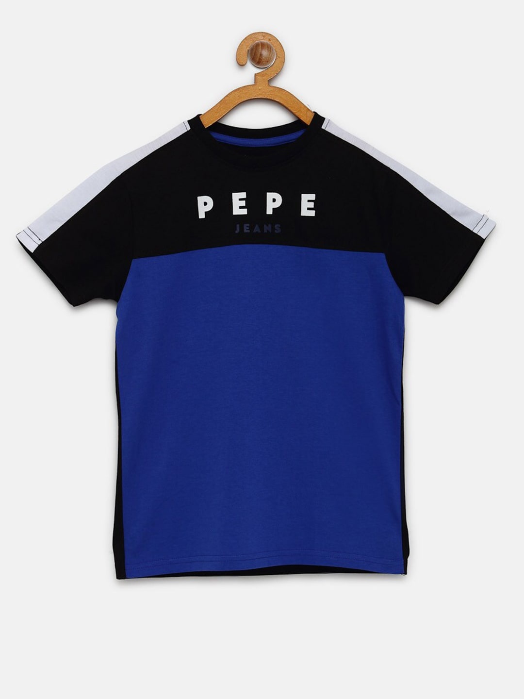 

Pepe Jeans Boys Blue Black Colourblocked Round Neck Pure Cotton T-shirt
