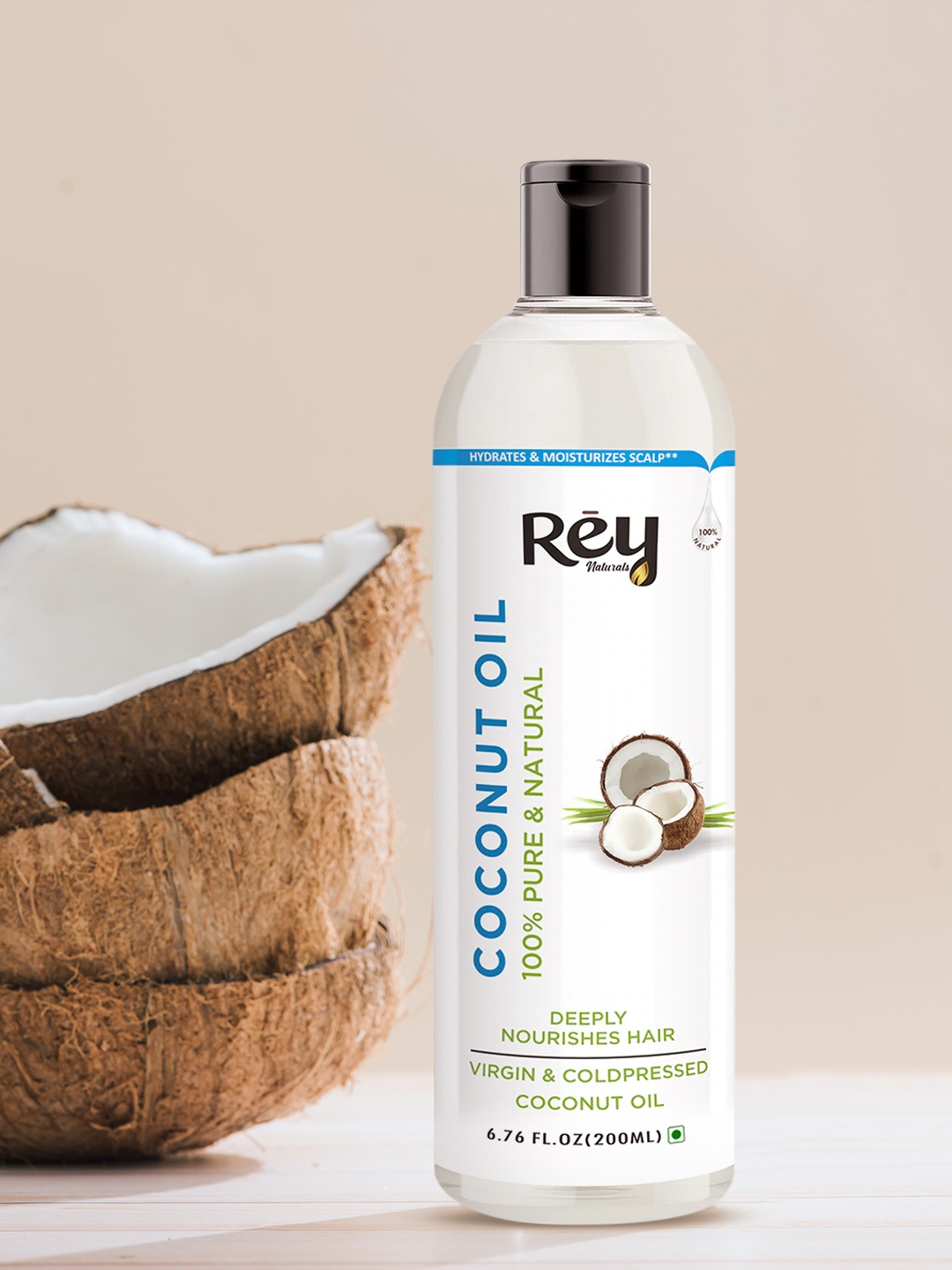 

Rey Naturals Cold Pressed Pure & Natural Coconut Oil For Hair & Skin 200 ml, Transparent