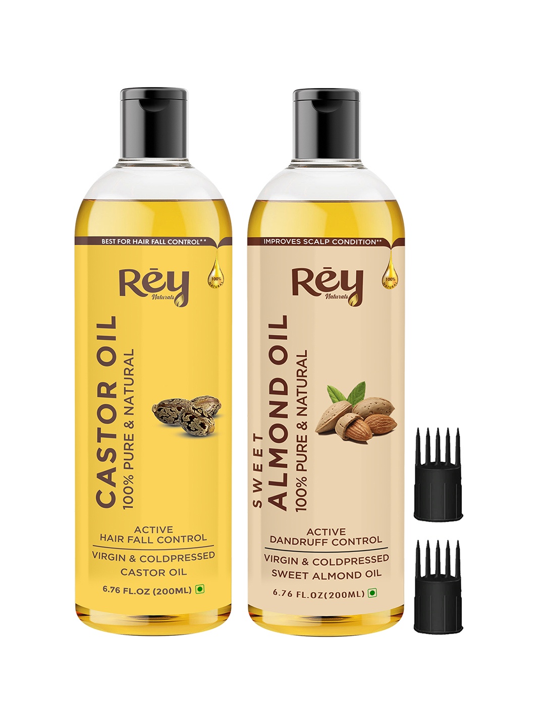 

Rey Naturals Set Of 2 Cold Pressed Castor Oil & Sweet Almond Oil For Hair & Skin 400ml, Transparent