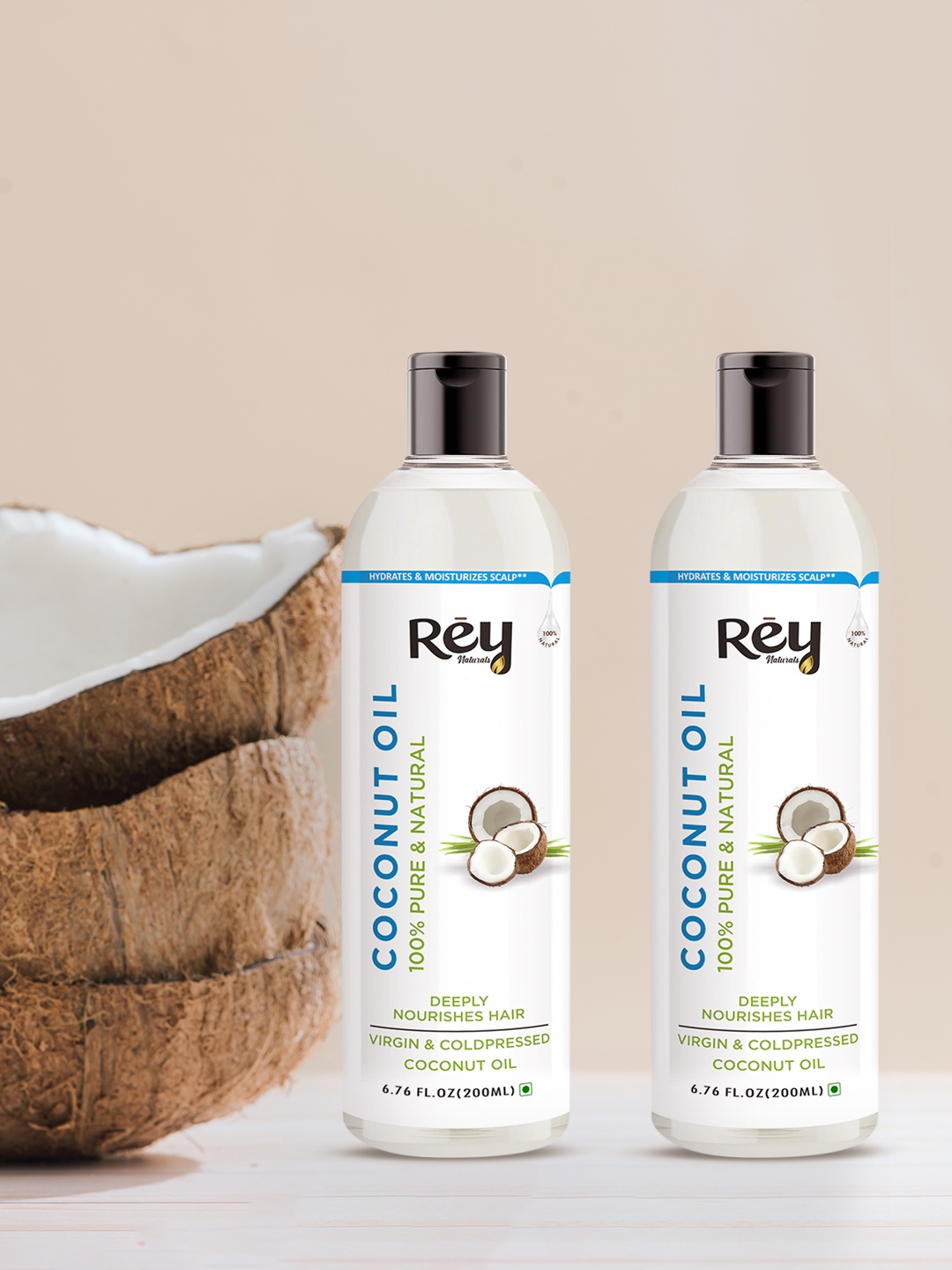 

Rey Naturals Set of 2 Cold Pressed Coconut Oil - 100% Pure & Natural - 200 ml each, Transparent