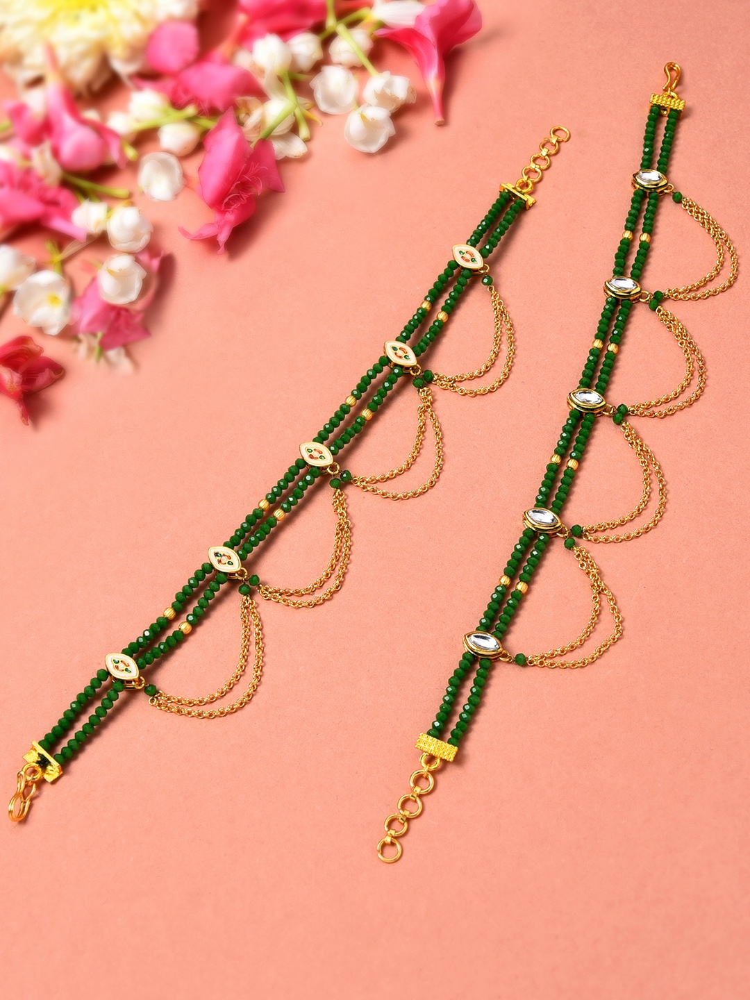 

Zaveri Pearls Green & Gold-Plated Kundan Studded Anklet