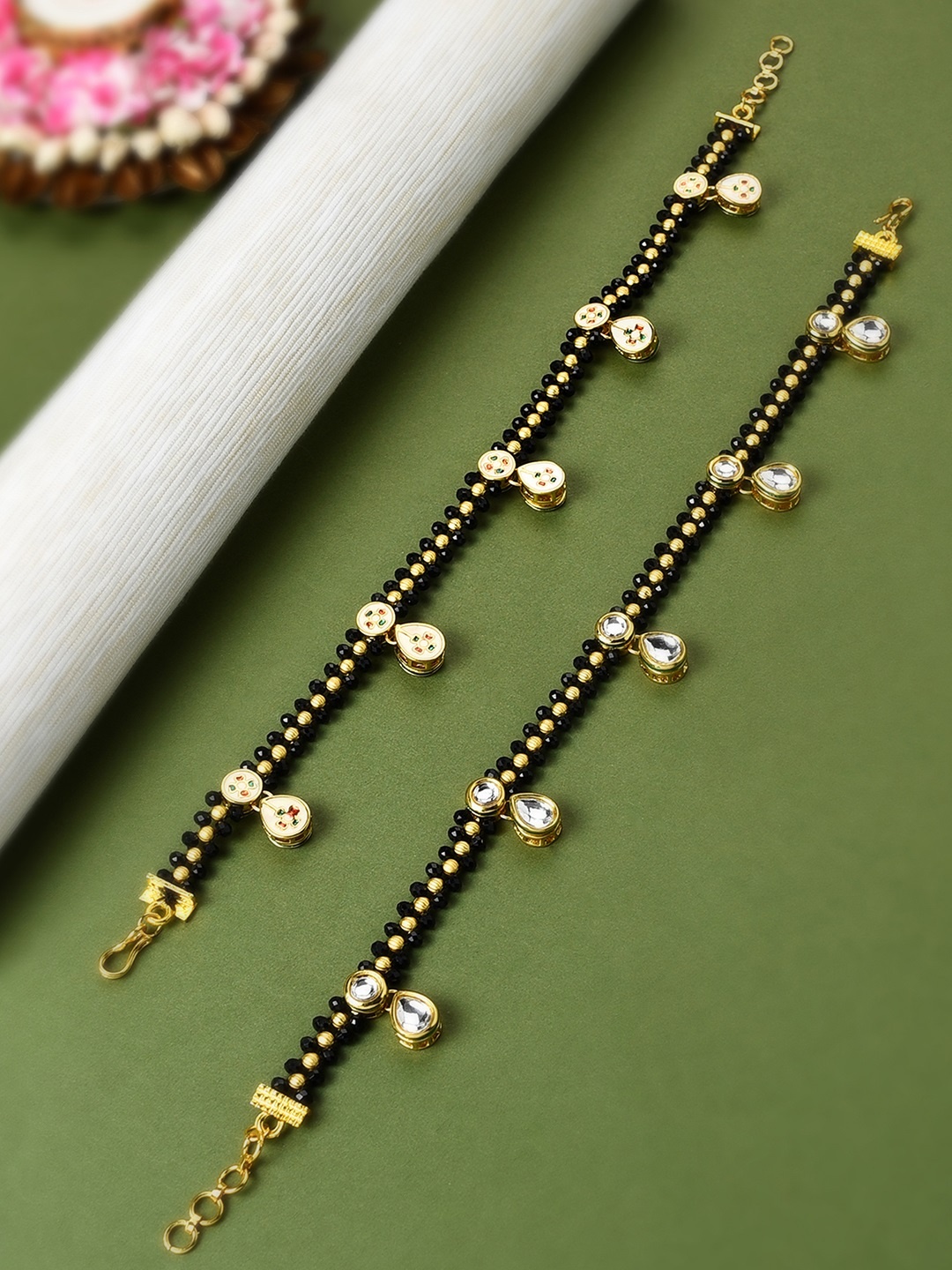 

Zaveri Pearls Black & Gold-Plated Beaded Anklets