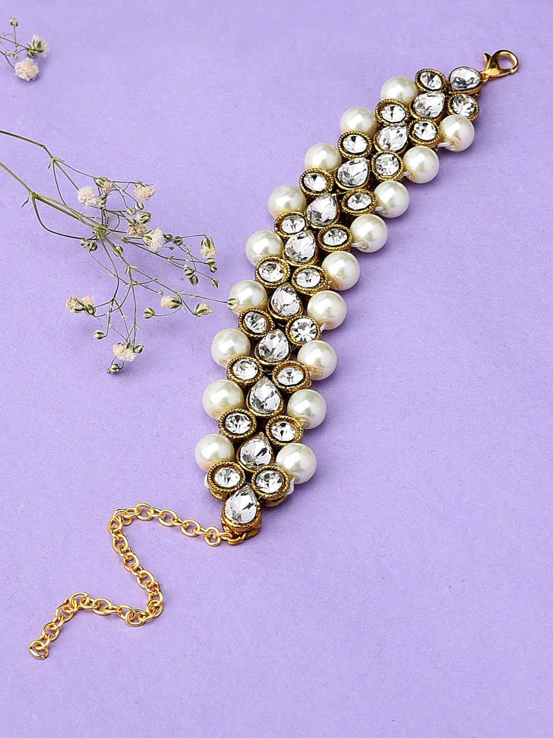 

Zaveri Pearls White Gold-Plated Beaded & Studded Wraparound Bracelet