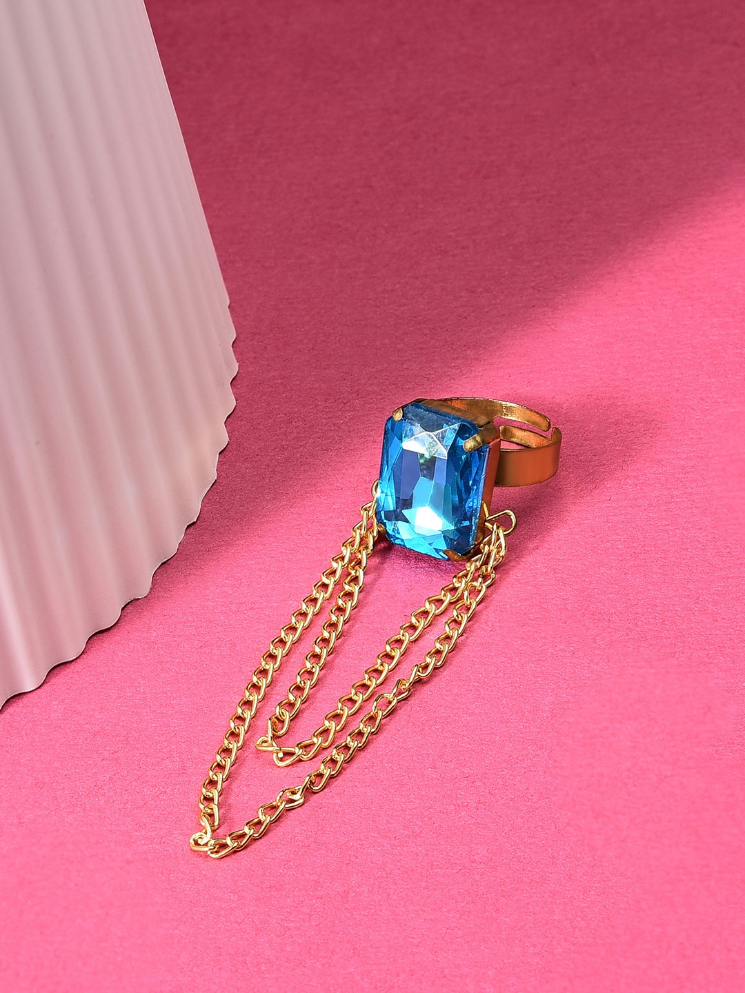 

Zaveri Pearls Turquoise Blue GoldPlated Stoned Studded Chain Tassel Adjustable Finger Ring