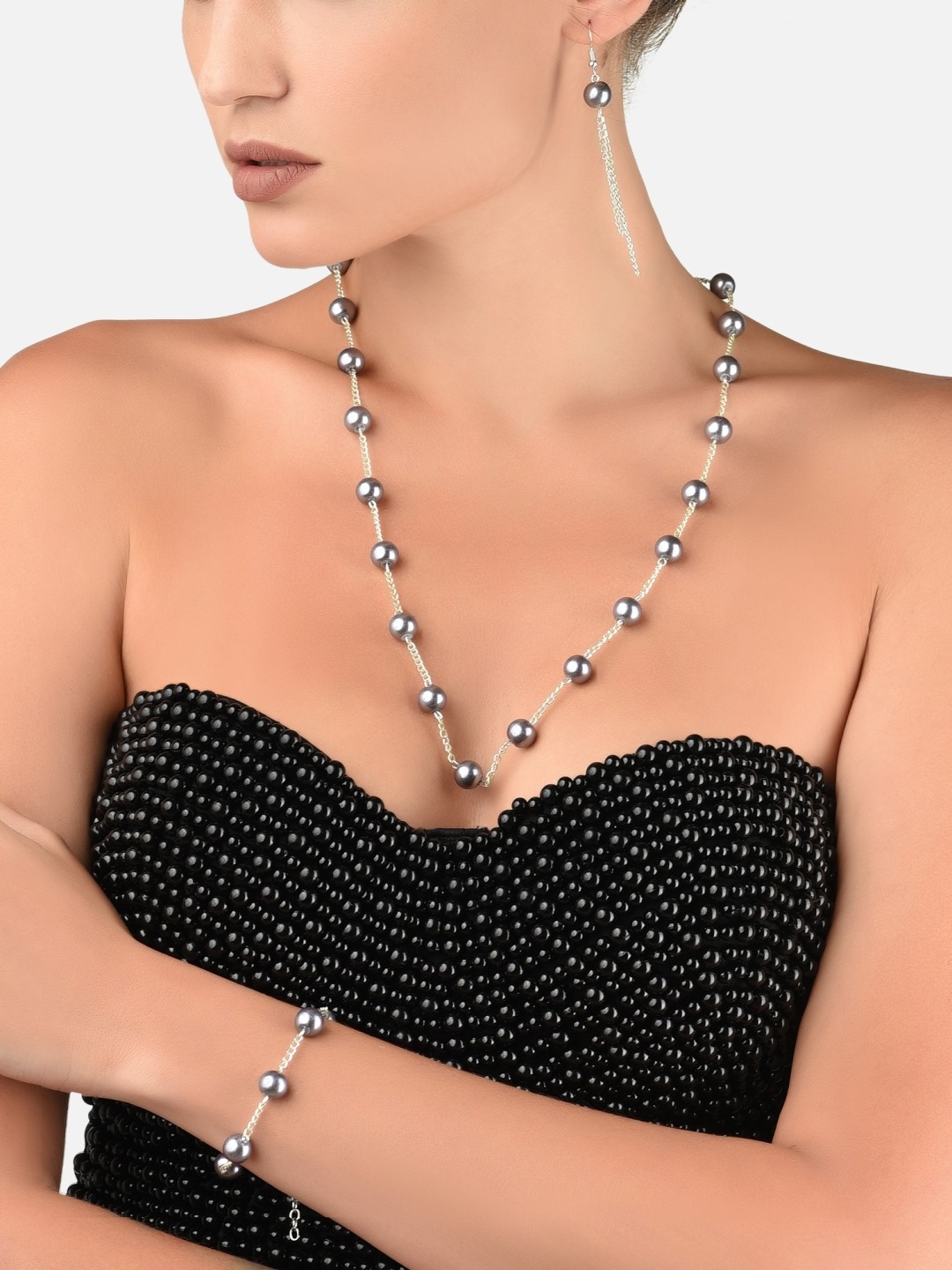 

Zaveri Pearls Grey Silver-Plated Beaded Jewellery Set