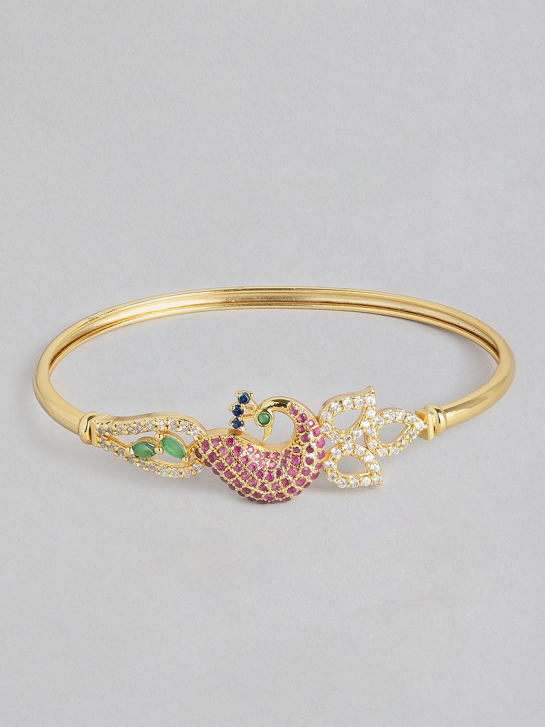 

Zaveri Pearls Pink-Green-White Gold-Plated CZ Peacock Inspired Bangle-Style Bracelet