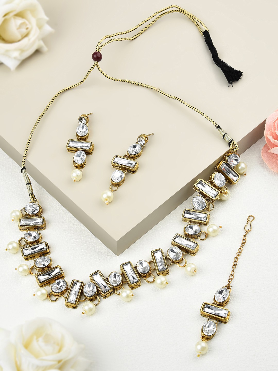 

Zaveri Pearls Gold-Plated White Stone Studded Necklace Earring & Maang Tika Set