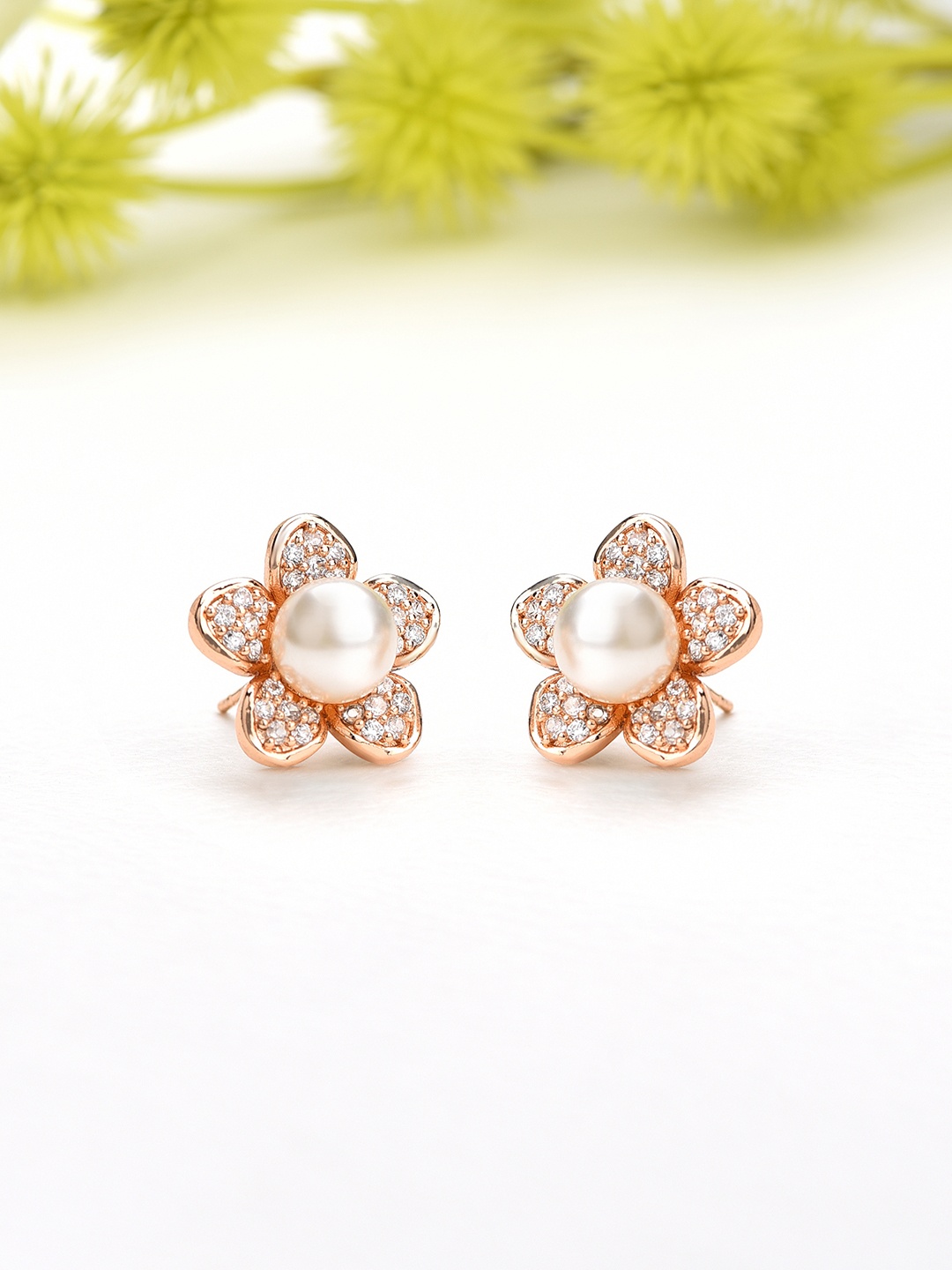 

Zaveri Pearls Cream & Rose Gold-Plated Cubic Zirconia Floral Studs