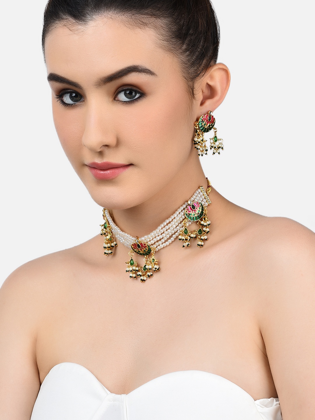 

Zaveri Pearls White-Green-Pink Gold-Plated Meenakari Jewellery Set