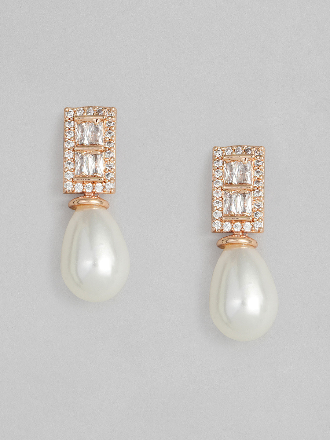 

Zaveri Pearls White & Rose Gold-Plated Cubic Zirconia & Pearls Contemporary Studs
