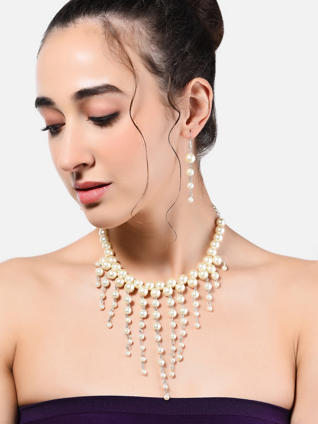 

Zaveri Pearls Silver-Plated Pearl Beaded Contemporary Jewellery Set