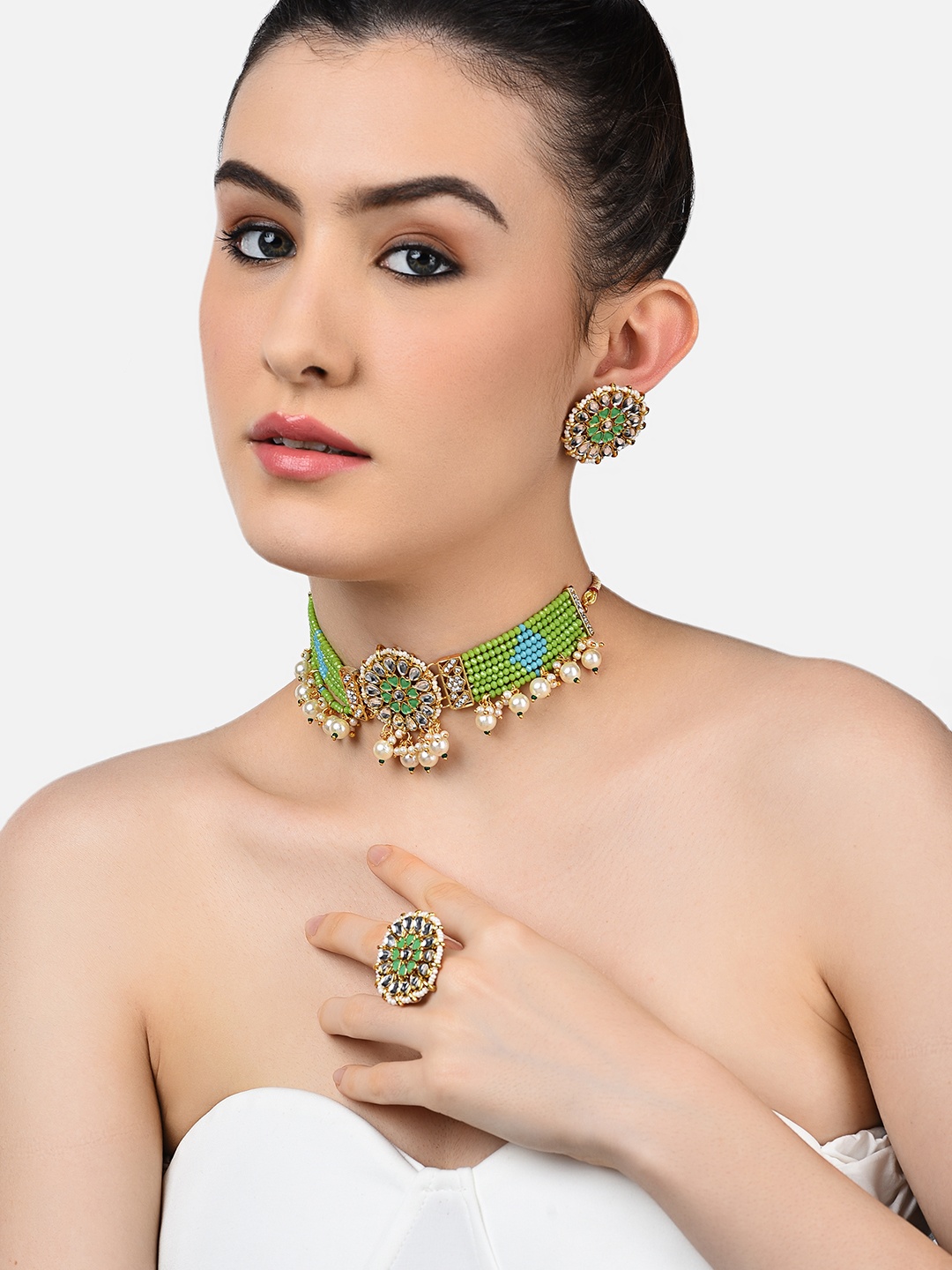 

Zaveri Pearls Green-White-Turquoise Blue Gold-Plated Meenakari Kundan Jewellery Set