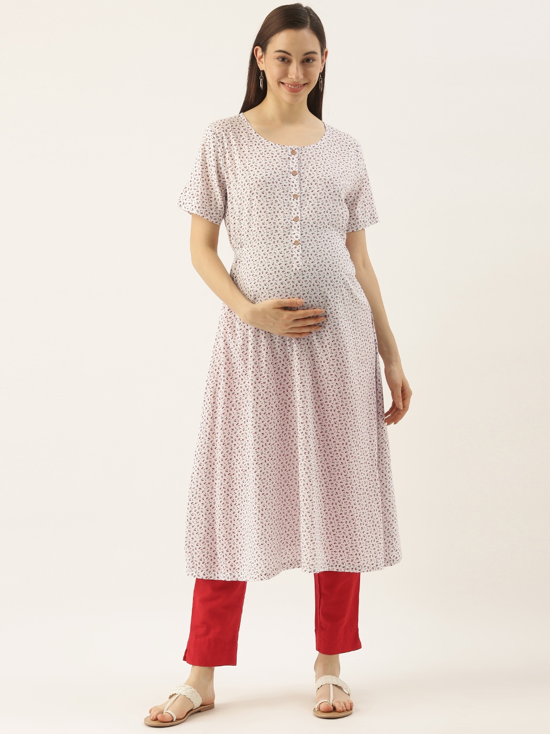 

Nejo Women White & Red Floral Printed Floral Maternity Kurta