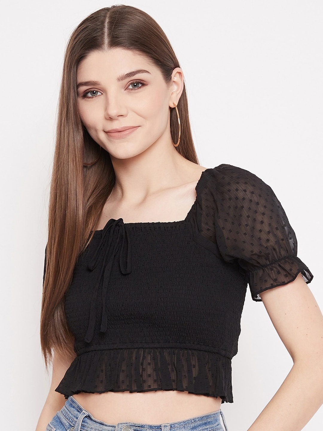 

Berrylush Black Smocked Georgette Regular Crop Top