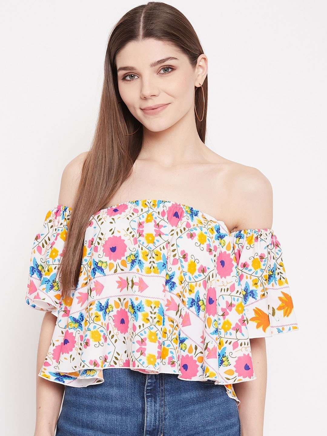 

Berrylush White & Pink Floral Off-Shoulder Crepe Bardot Crop Top