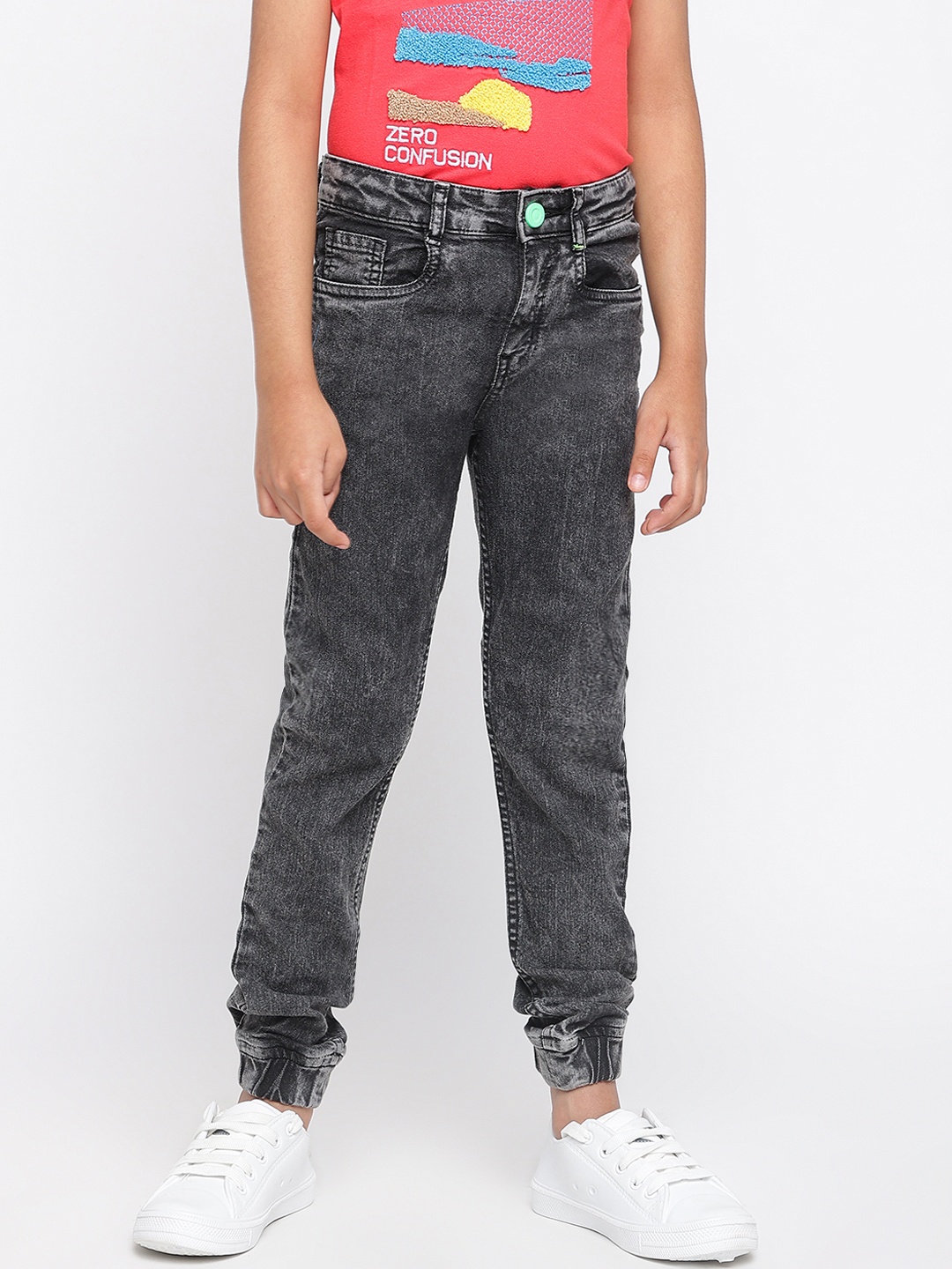 

TALES & STORIES Boys Black Slim Fit Light Fade Cuffed Hem Jeans