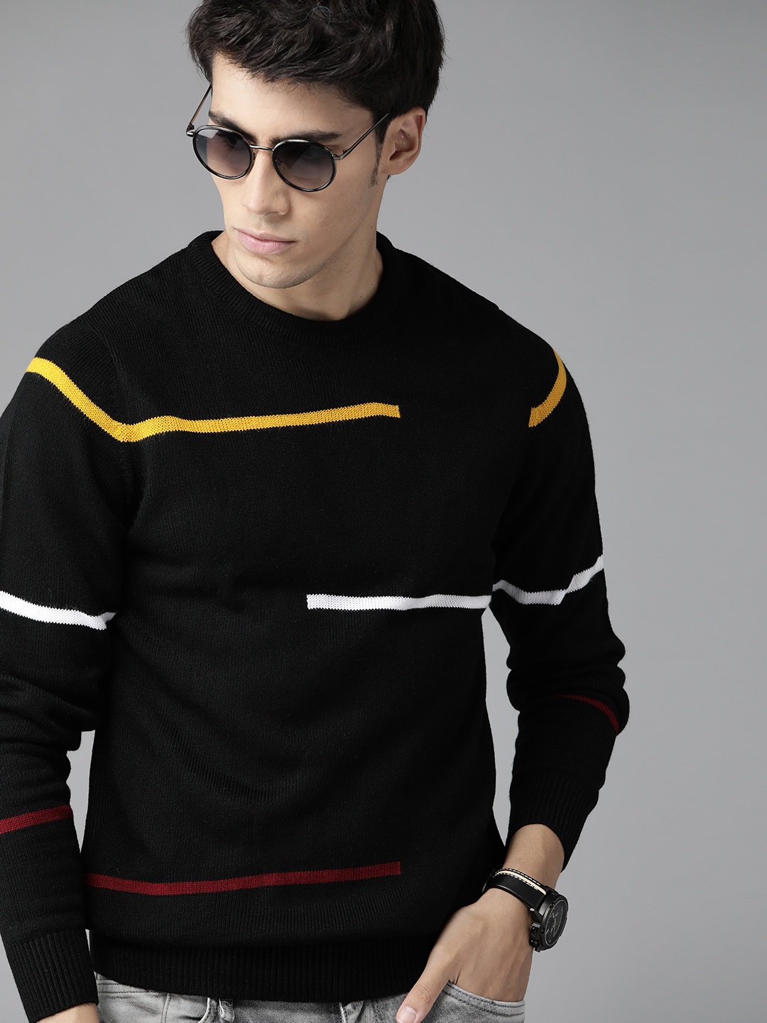 

Roadster Men Black & White Striped Pullover Sweater