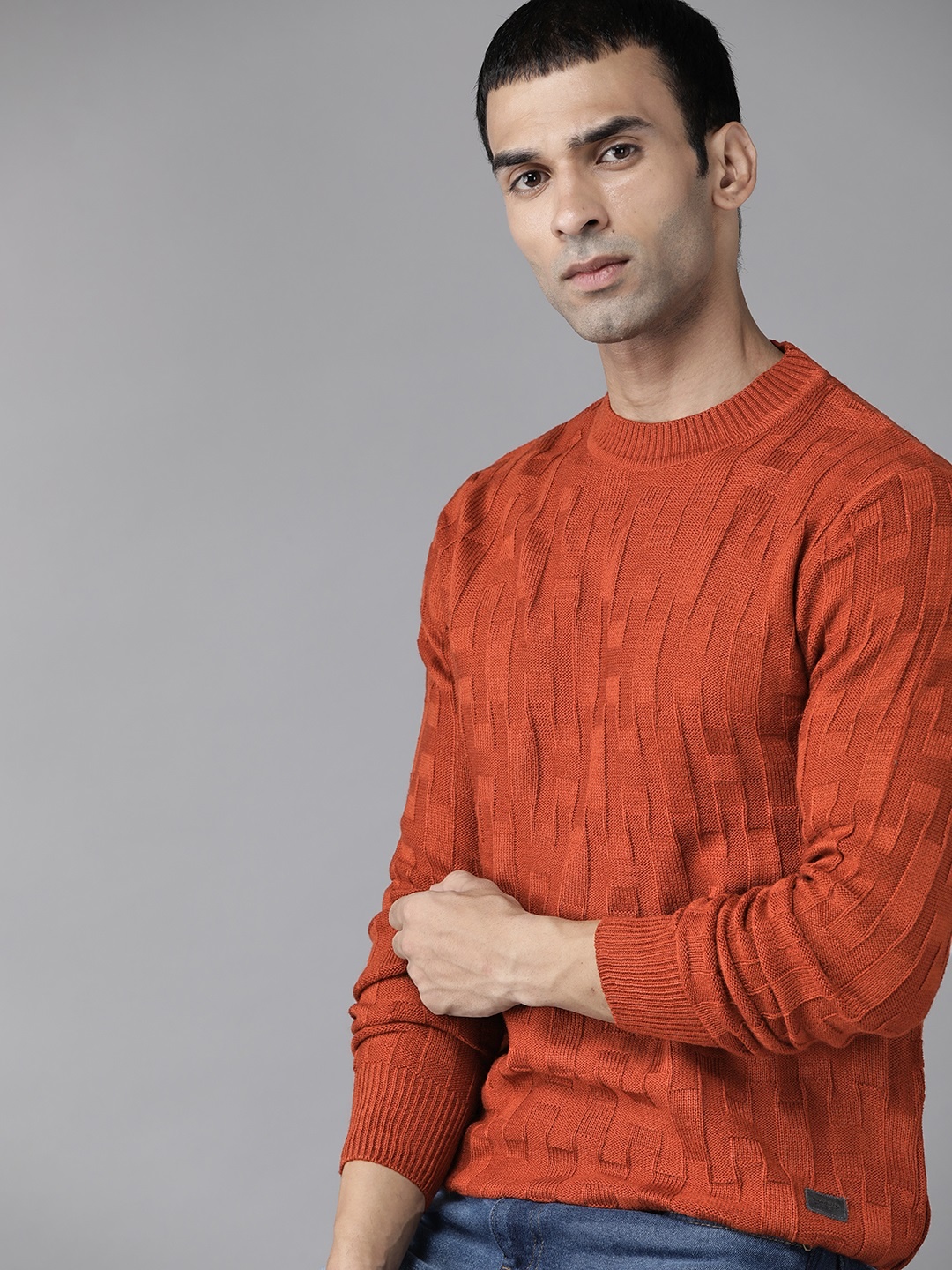 

Roadster Men Rust Orange Self-Design Pullover