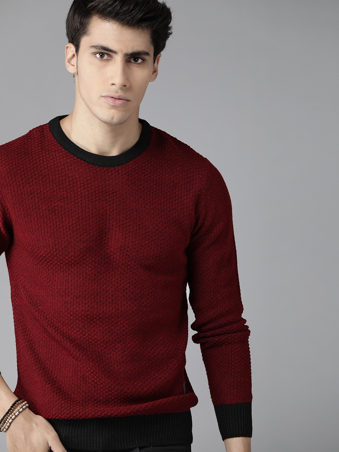 

Roadster Men Maroon & Black Self Designed Striped Pullover Sweater