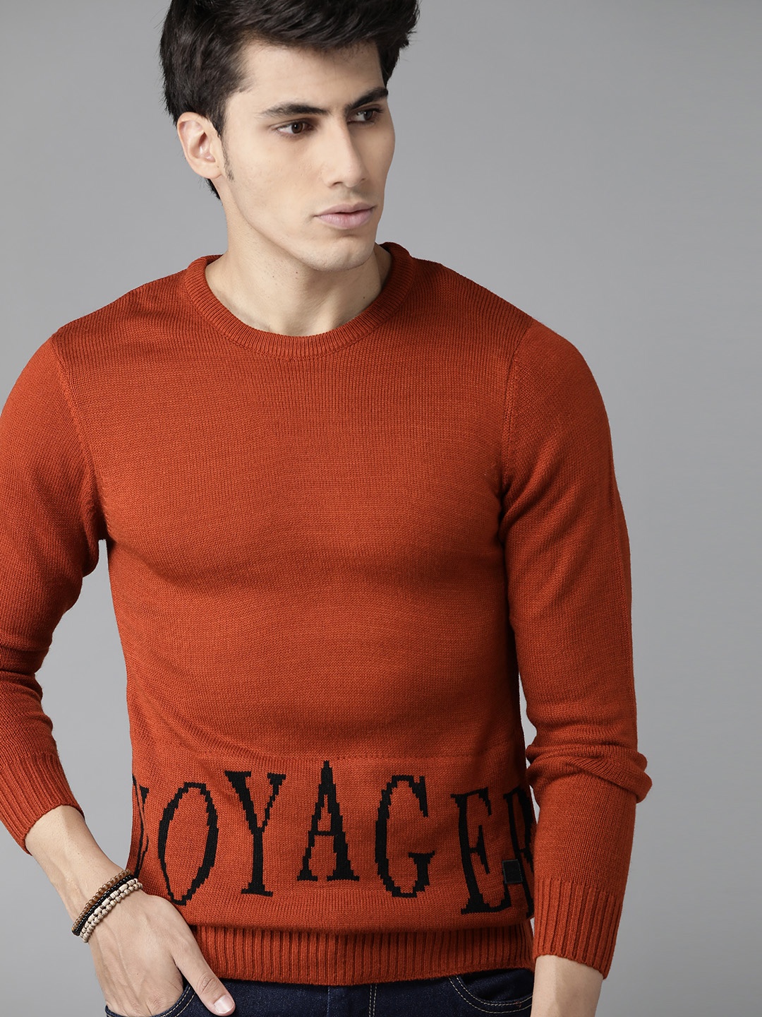 

Roadster Men Rust Brown & Black Typography Pullover Sweater