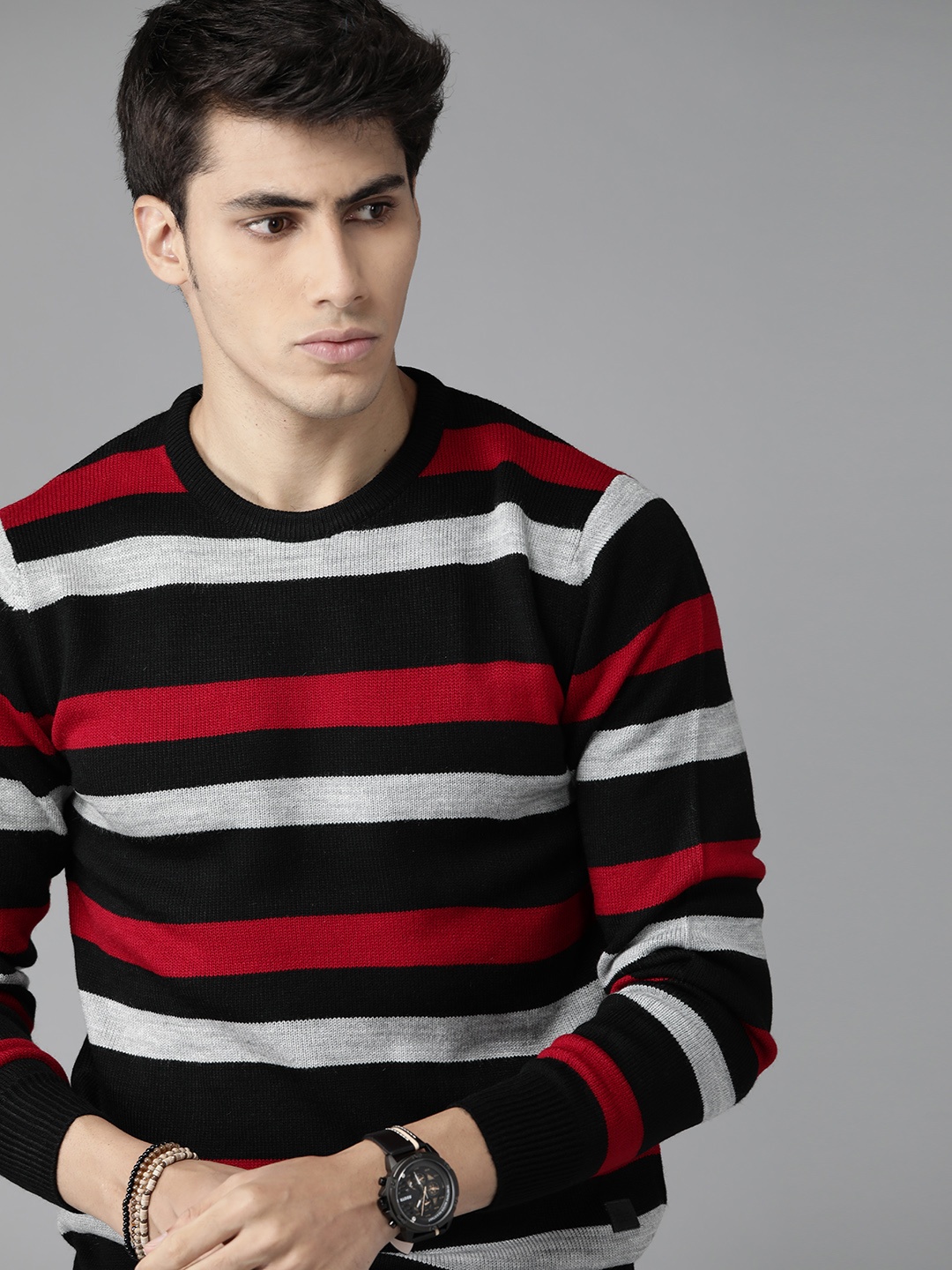 

Roadster Men Black & Red Striped Pullover Sweater