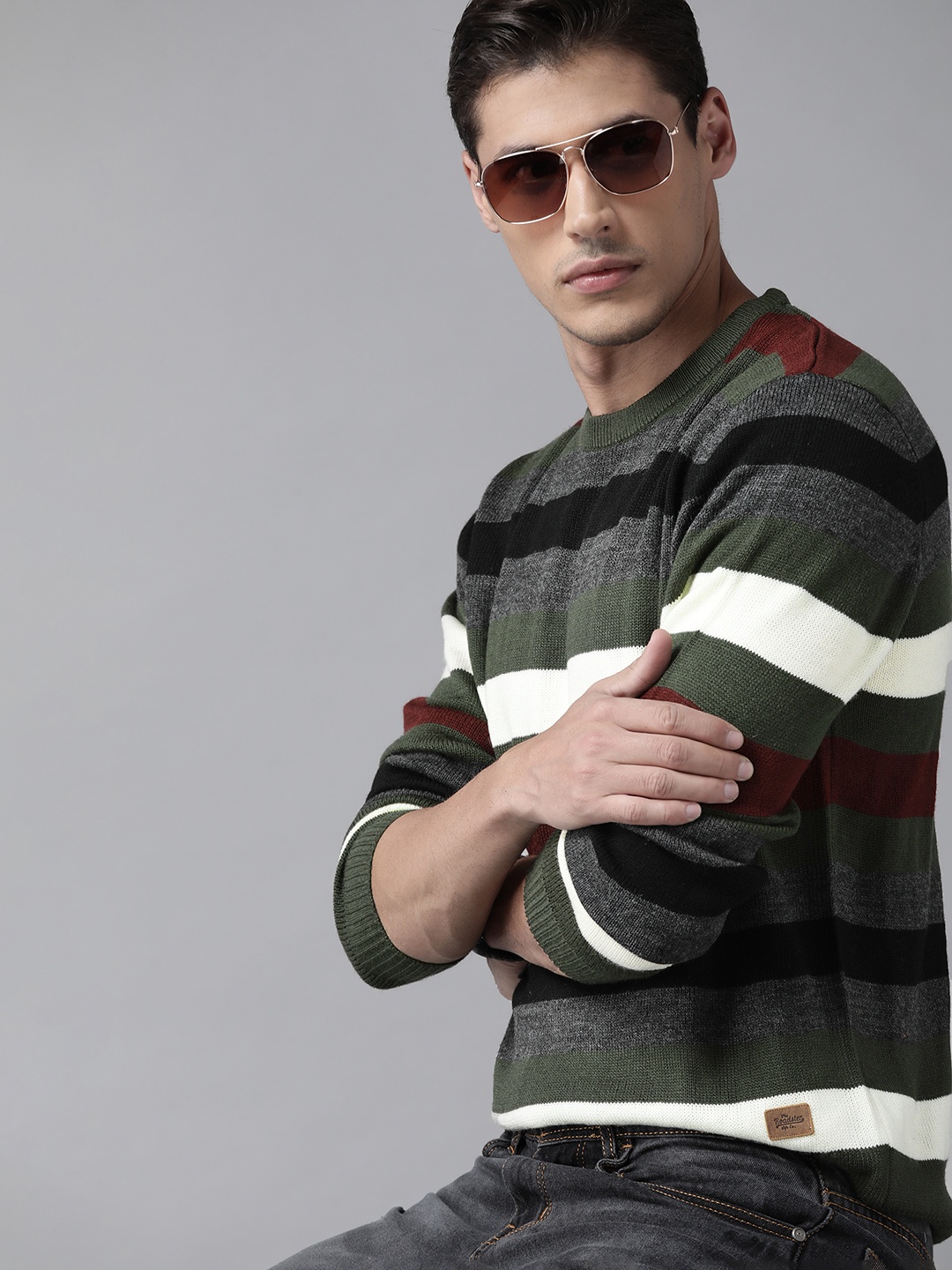 

Roadster Men Olive Green & Charcoal Grey Striped Pullover