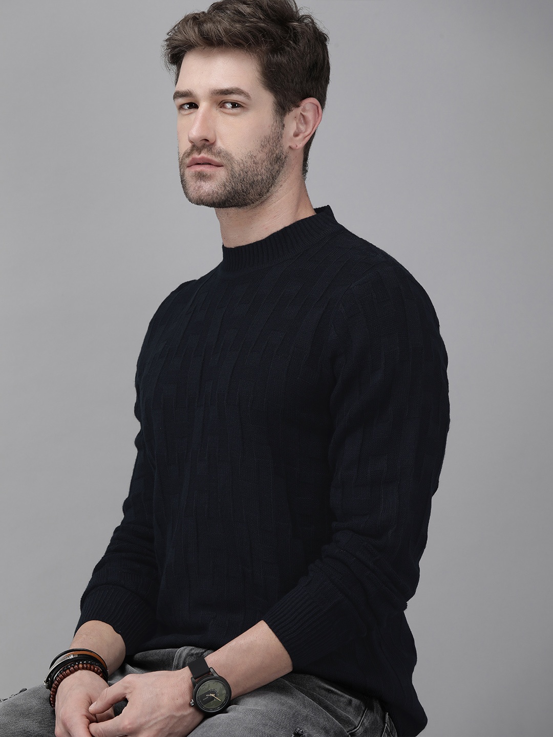 

Roadster Men Navy Blue Cable Knit Pullover
