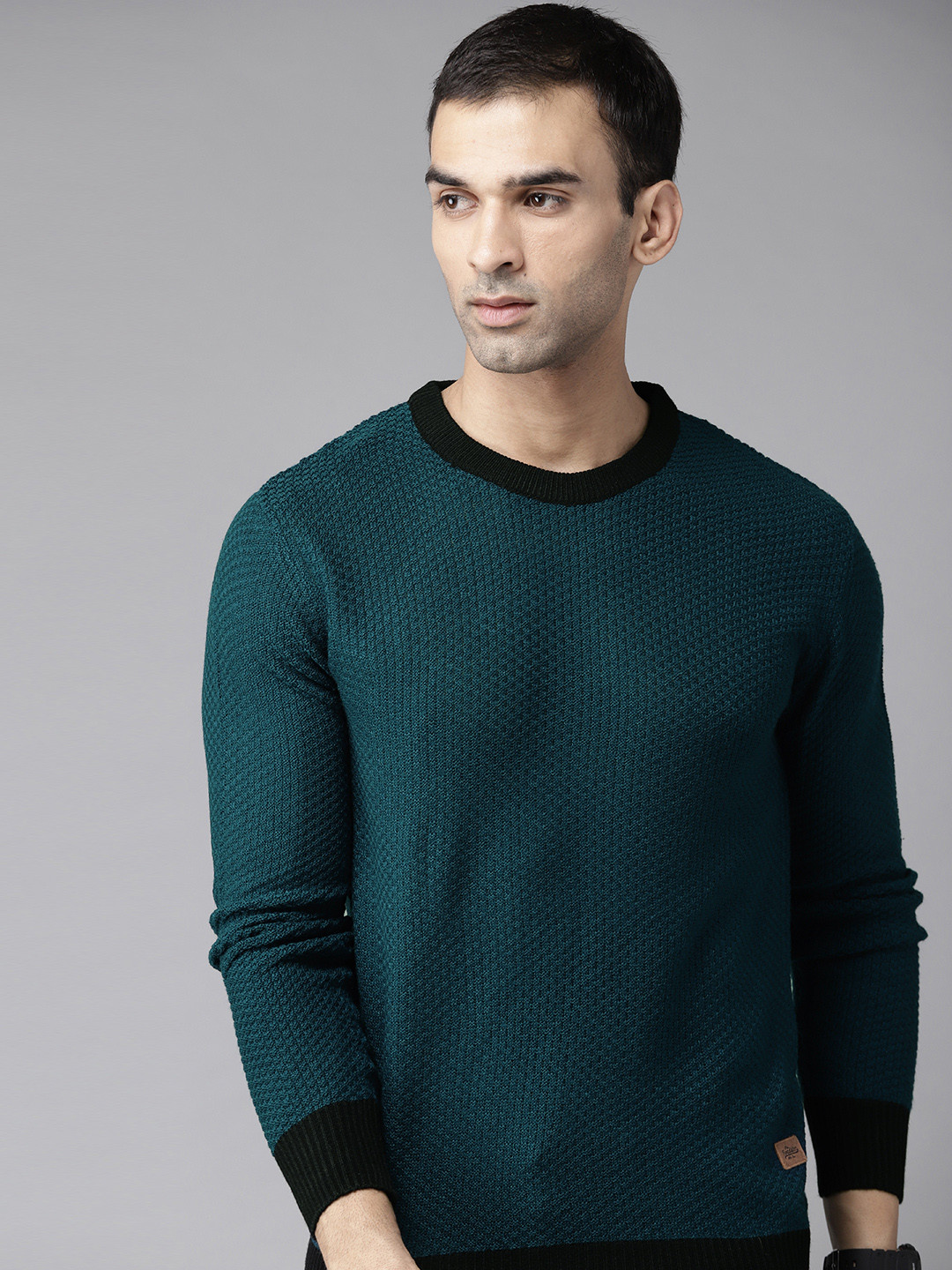 

Roadster Men Teal Blue & Black Self Design Pullover
