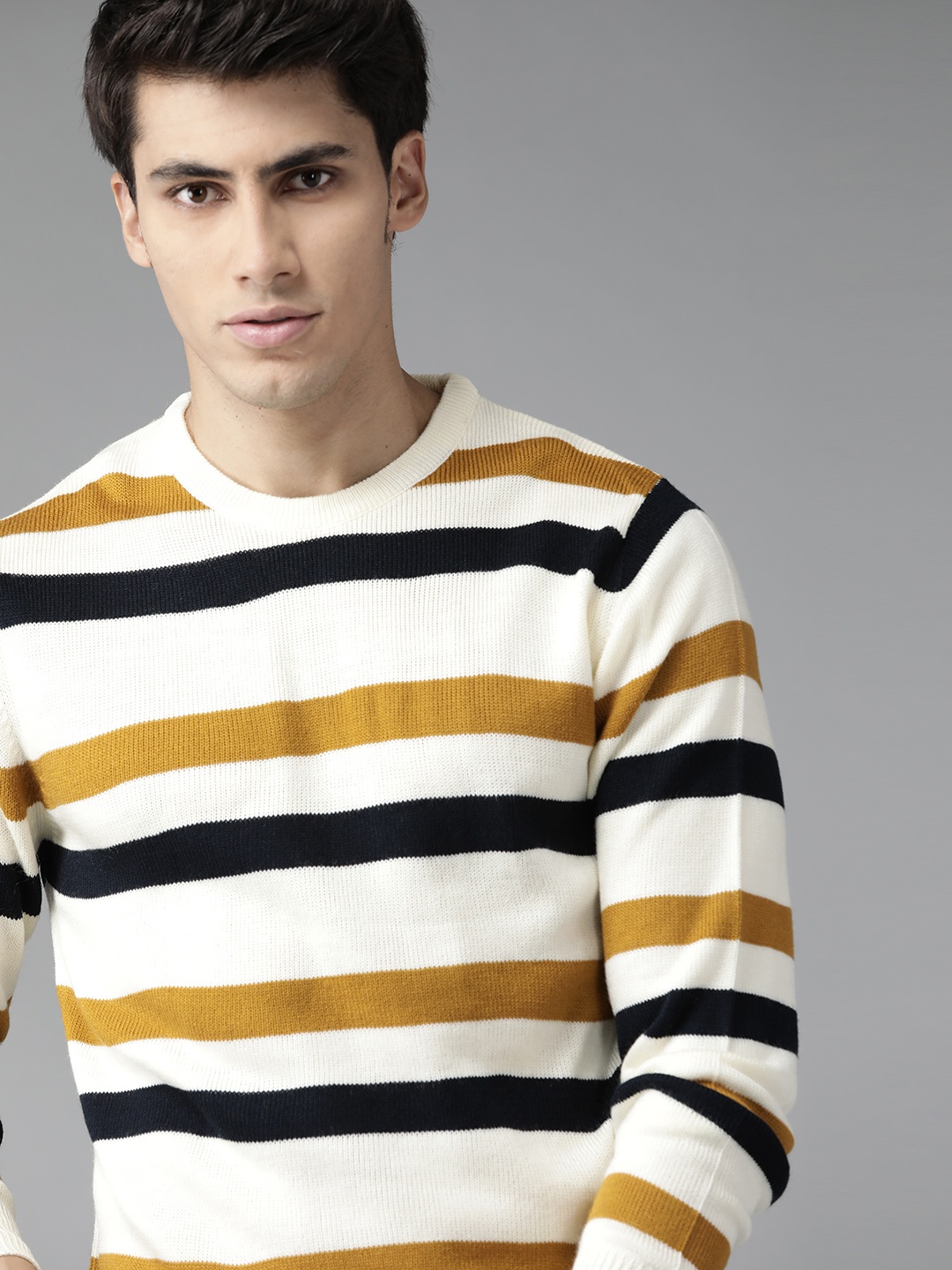 

Roadster Men Cream-Coloured & Black Striped Pullover Sweater