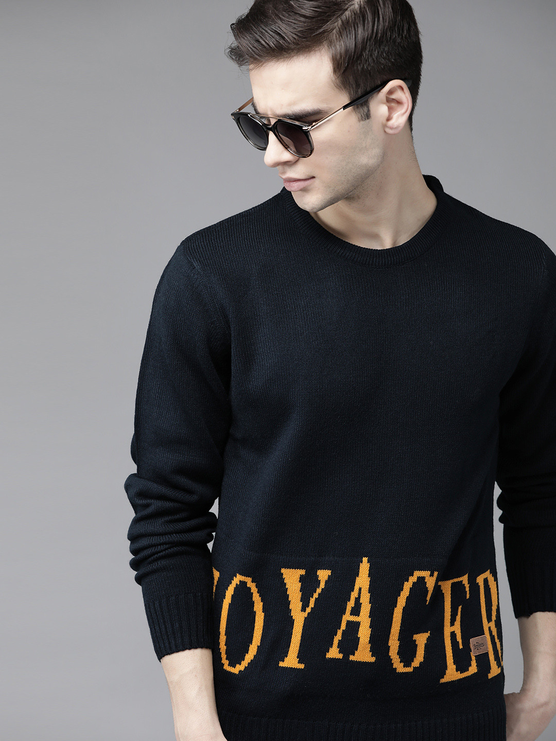 

Roadster Men Navy Blue & Mustard Yellow Typography Pullover