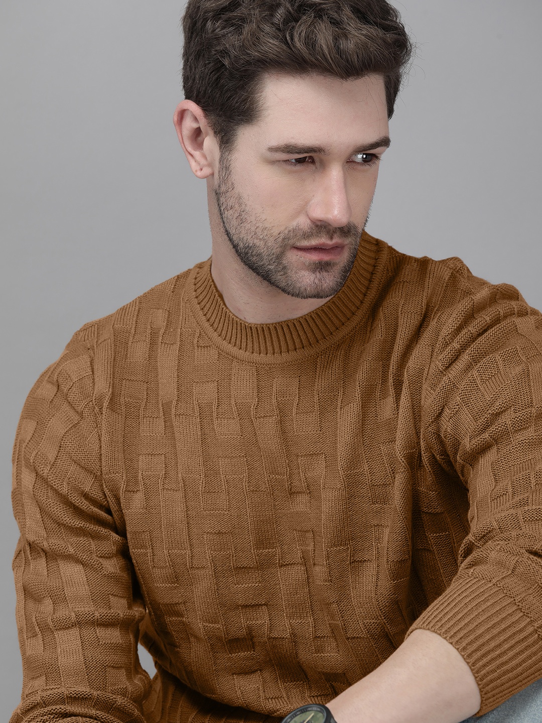 

Roadster Men Brown Cable Knit Pullover