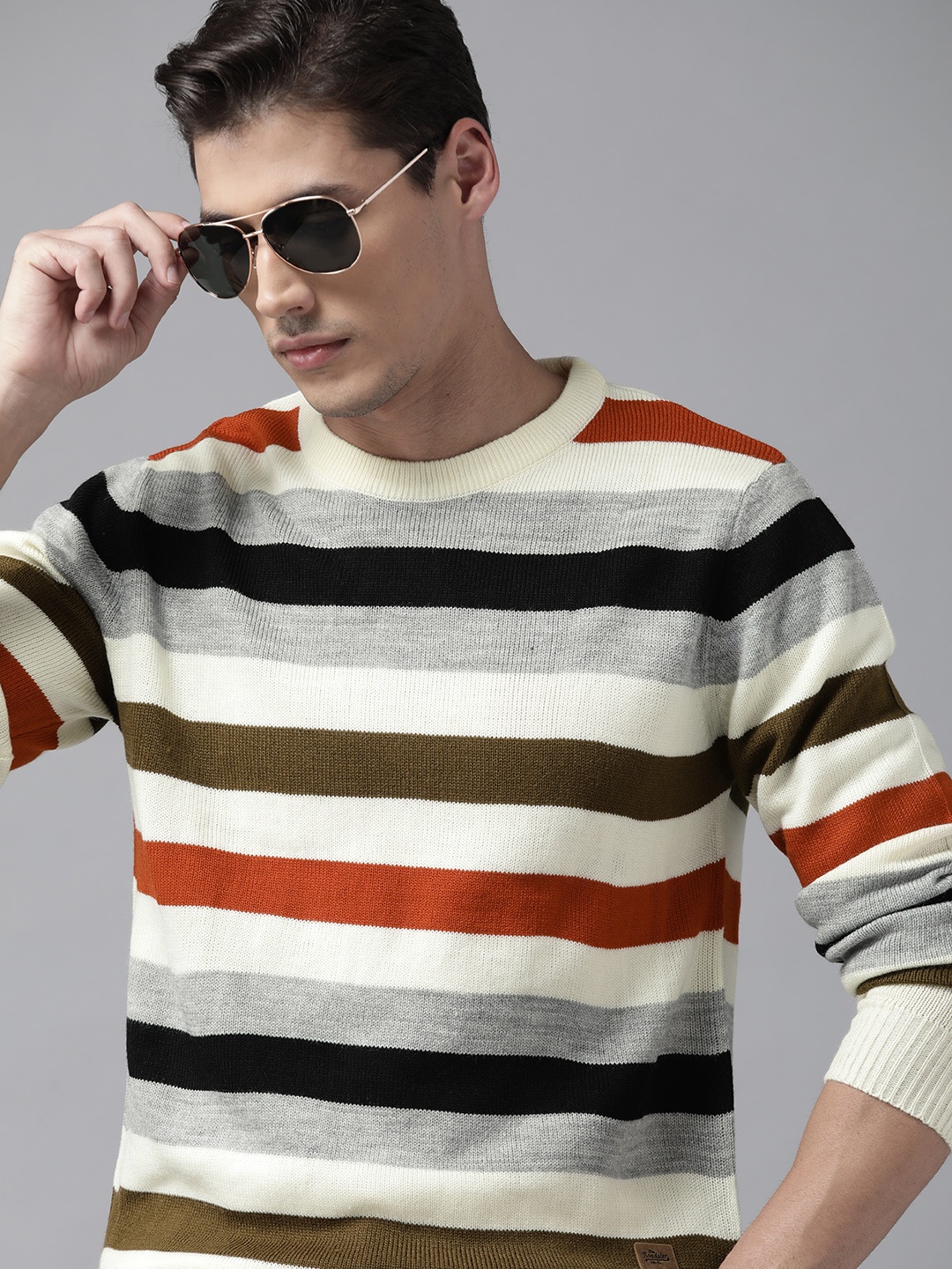 

Roadster Men Off White & Grey Striped Pullover