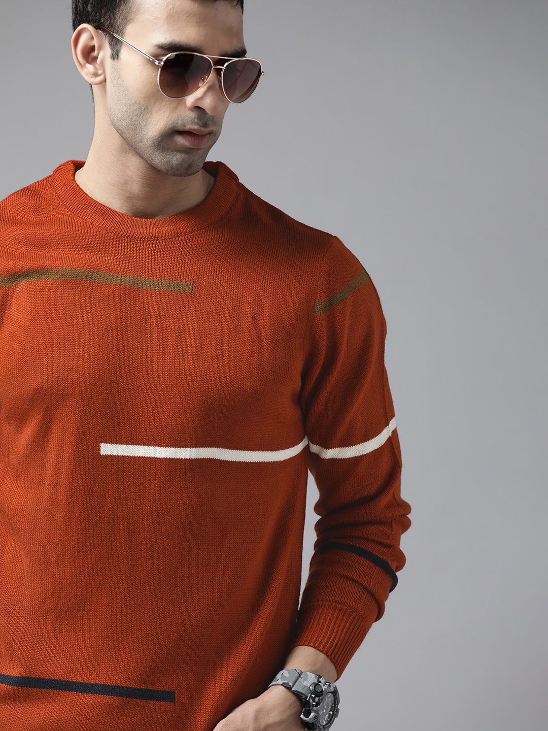 

Roadster Men Rust Orange Striped Detail Pullover