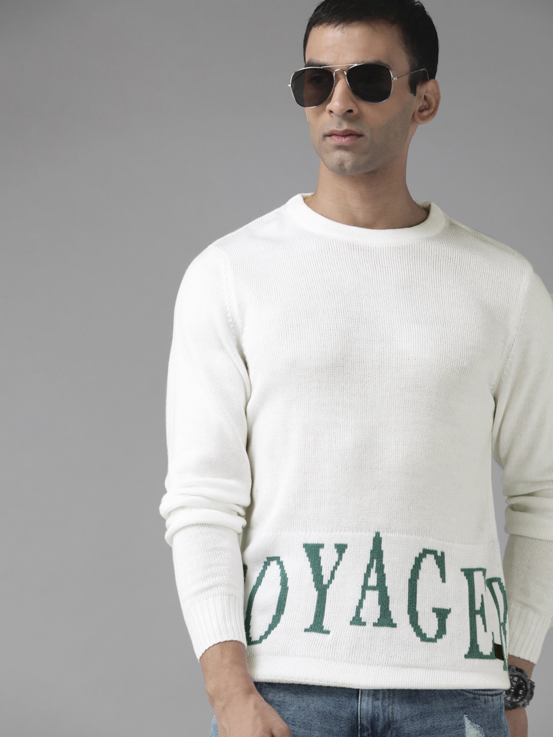 

Roadster Men White Typography Patterned Pullover